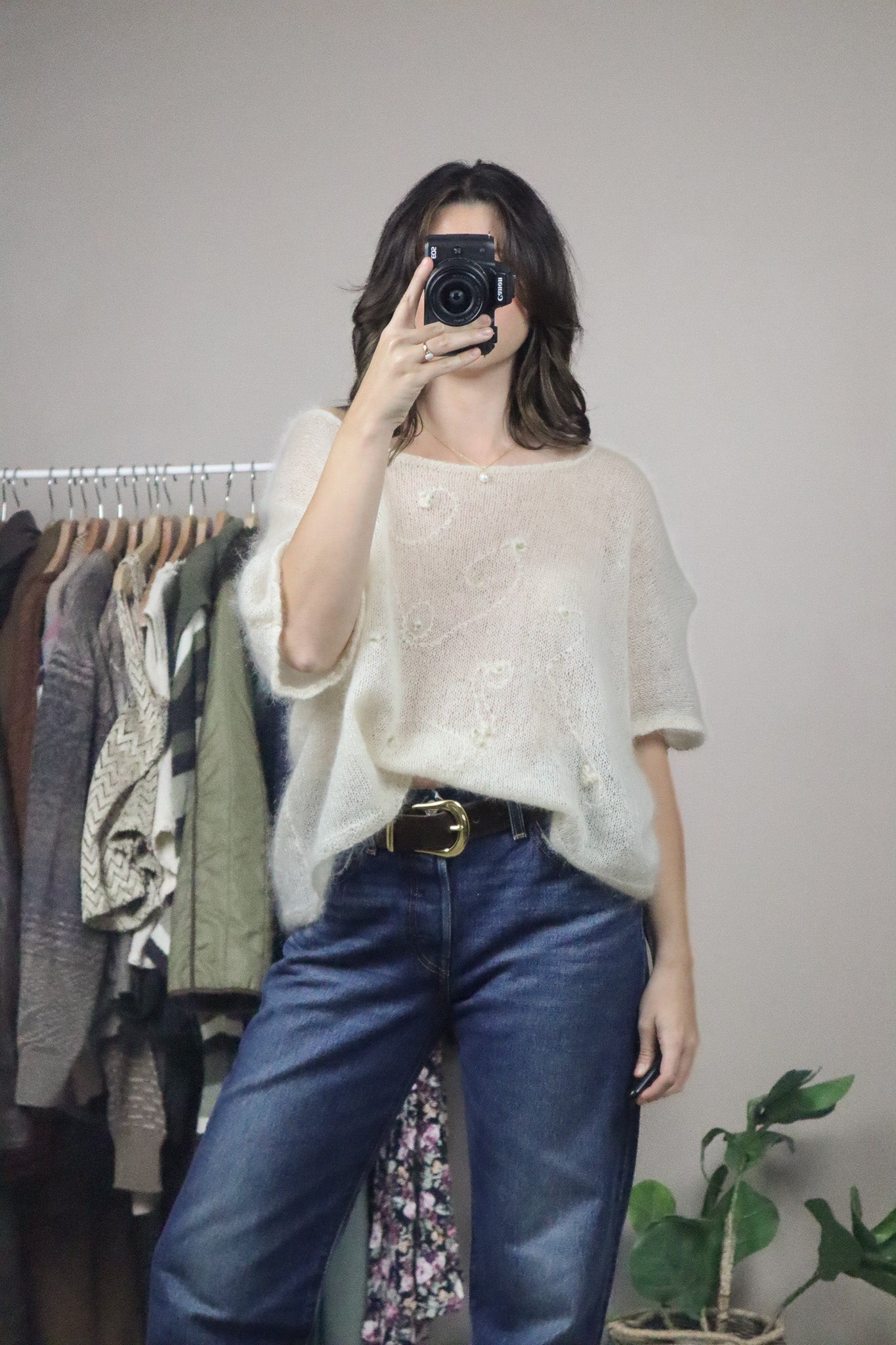 Hand Knit x Embroidered Mohair-Blend Short-Sleeve (L/XL)