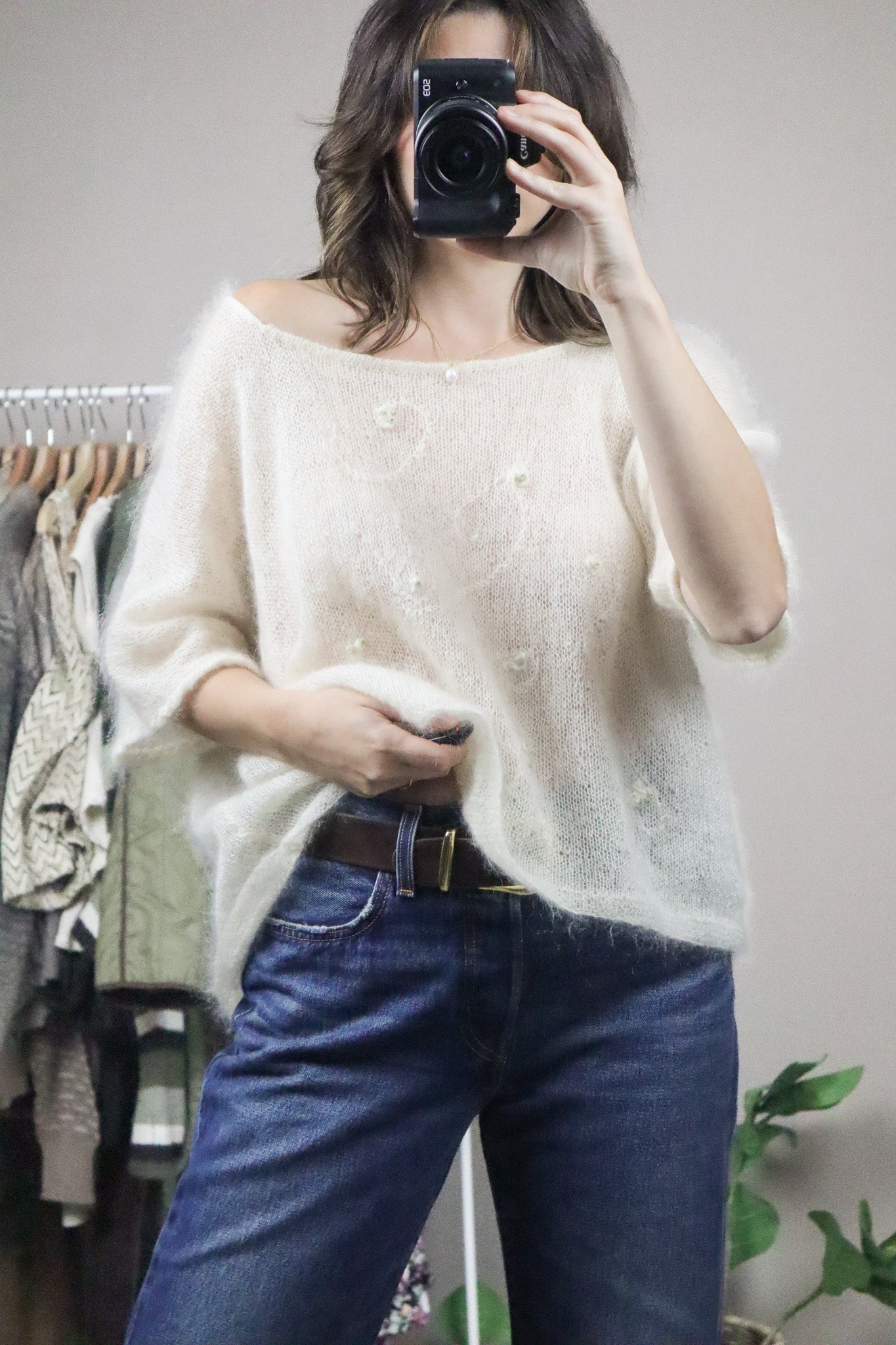 Hand Knit x Embroidered Mohair-Blend Short-Sleeve (L/XL)