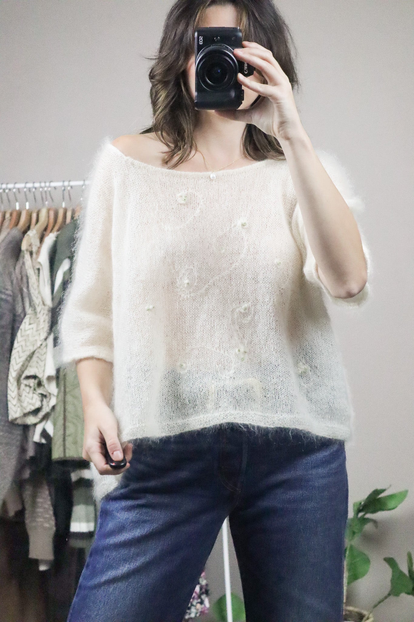 Hand Knit x Embroidered Mohair-Blend Short-Sleeve (L/XL)