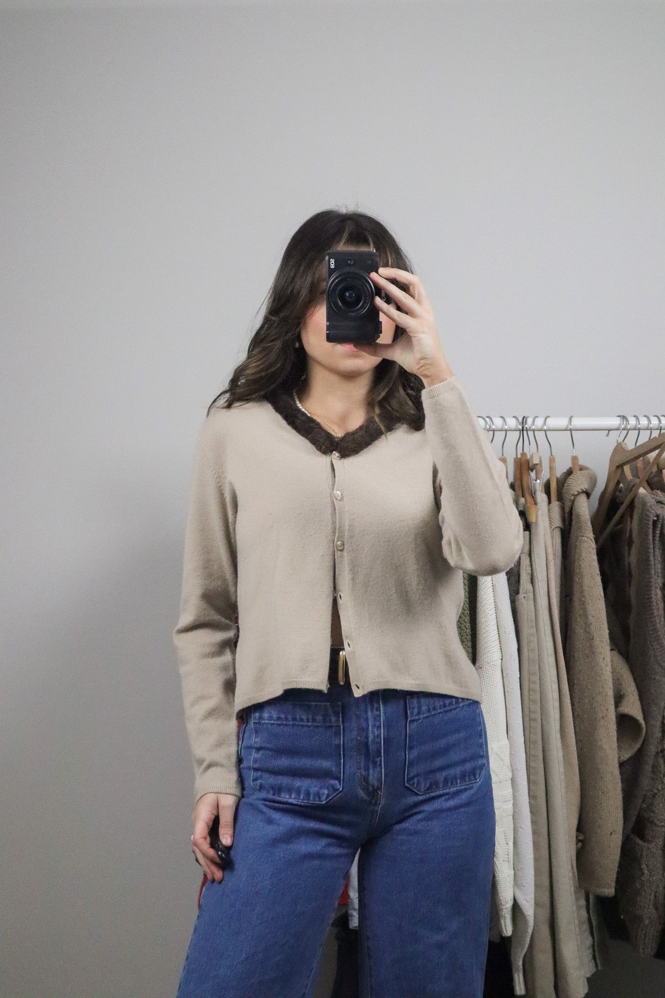 Vintage x Wool Blend Faux Fur Collar Cardigan (M)