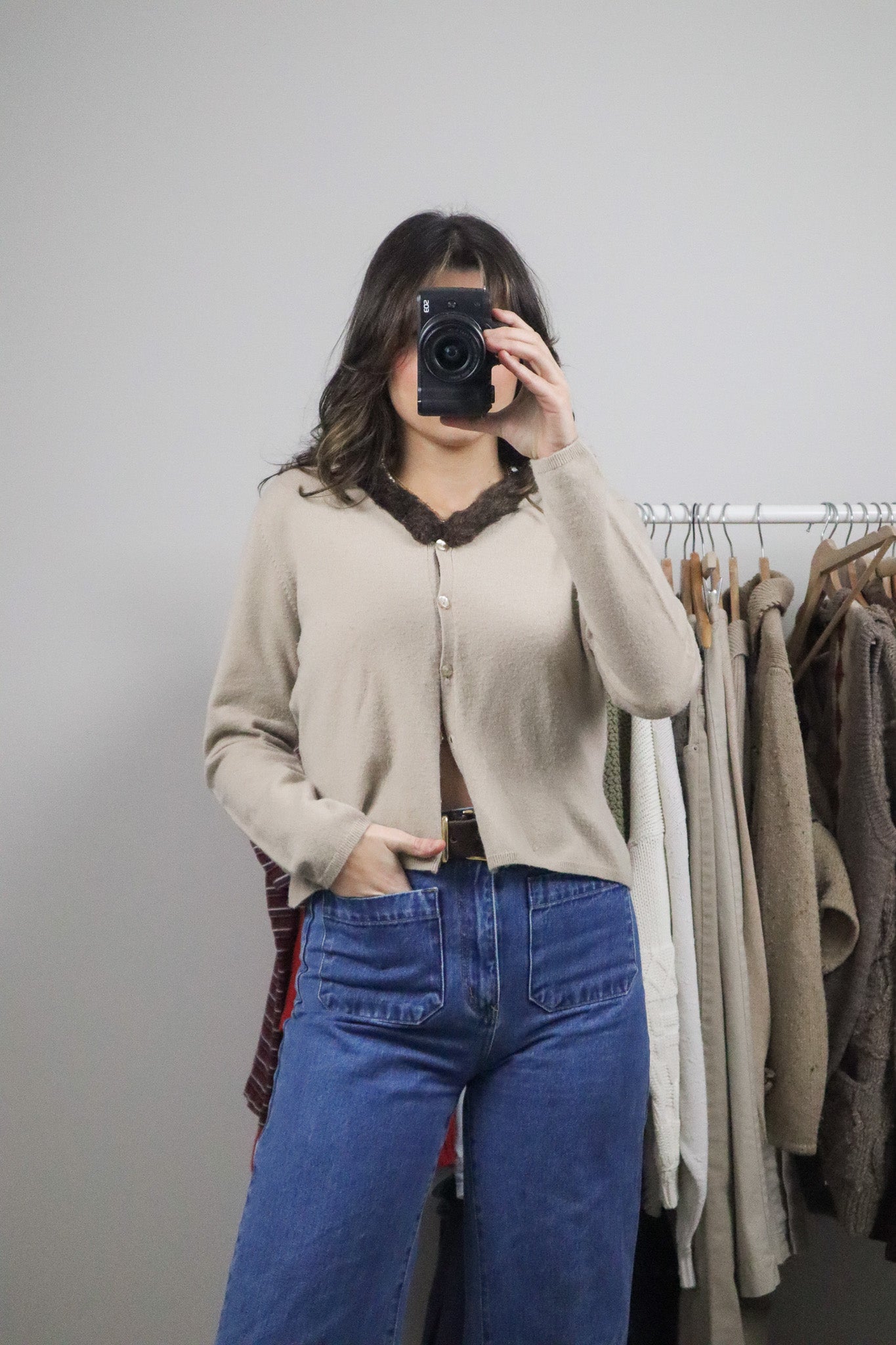 Vintage x Wool Blend Faux Fur Collar Cardigan (M)