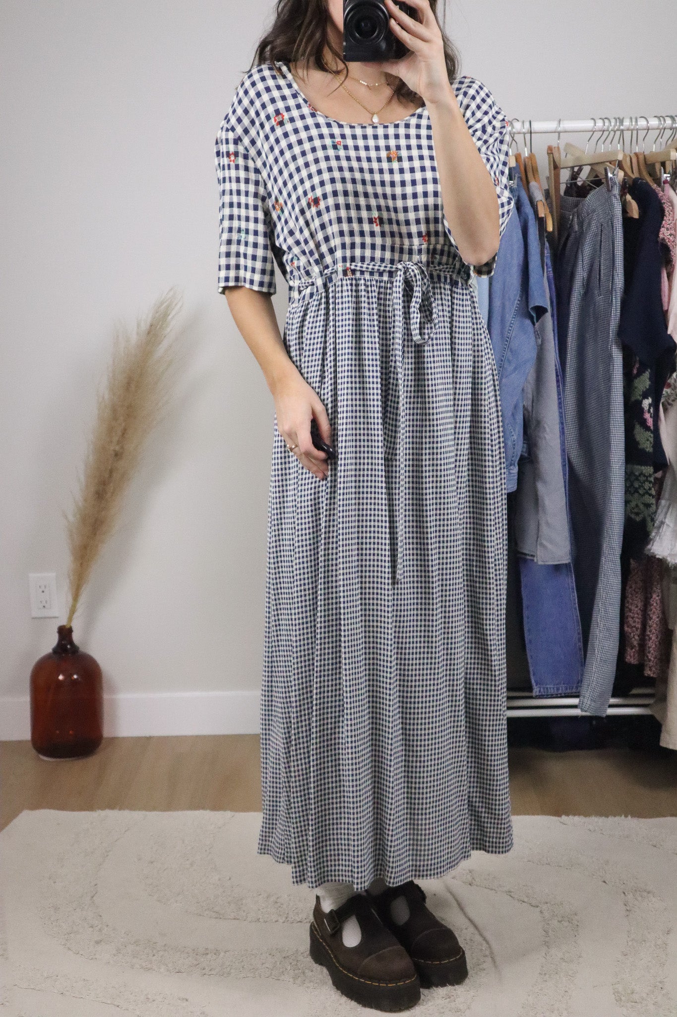 Made in USA x Vintage x Gingham Floral Tie Maxi Dress (8/10)