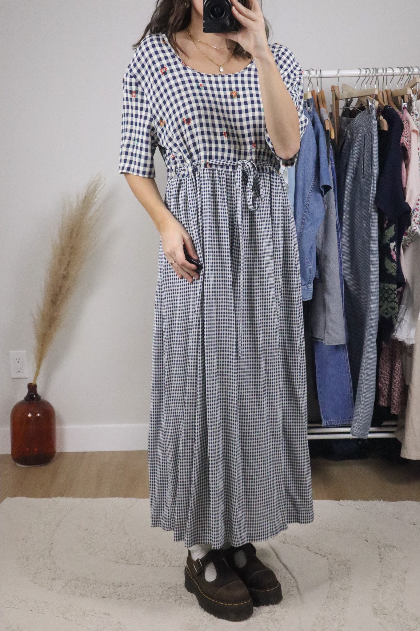 Made in USA x Vintage x Gingham Floral Tie Maxi Dress (8/10)