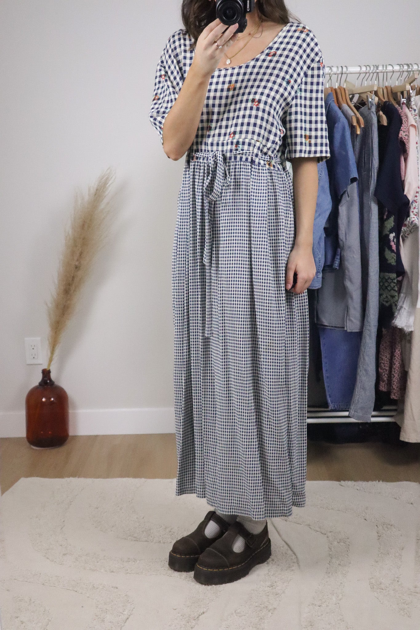 Made in USA x Vintage x Gingham Floral Tie Maxi Dress (8/10)