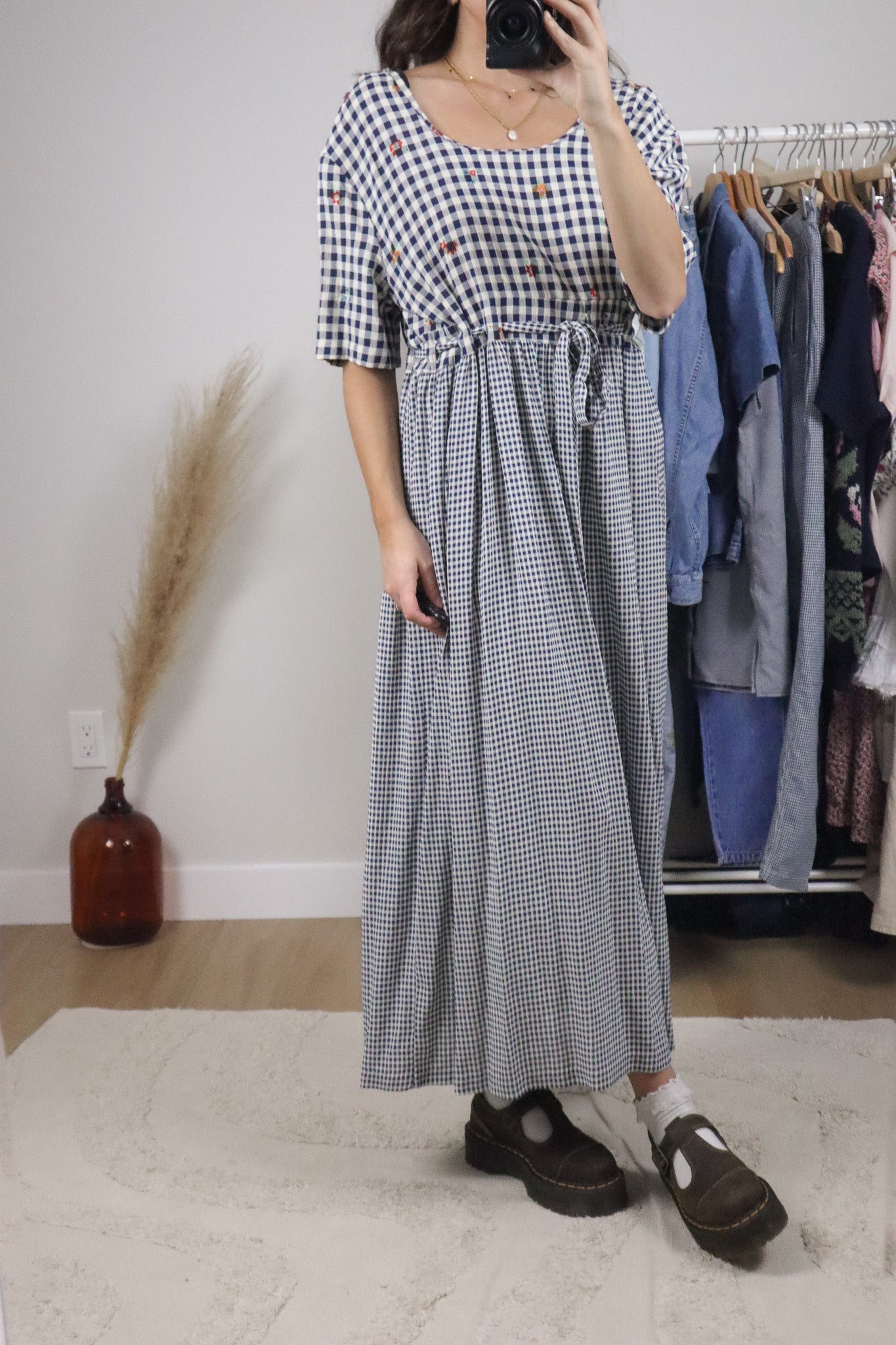 Made in USA x Vintage x Gingham Floral Tie Maxi Dress (8/10)