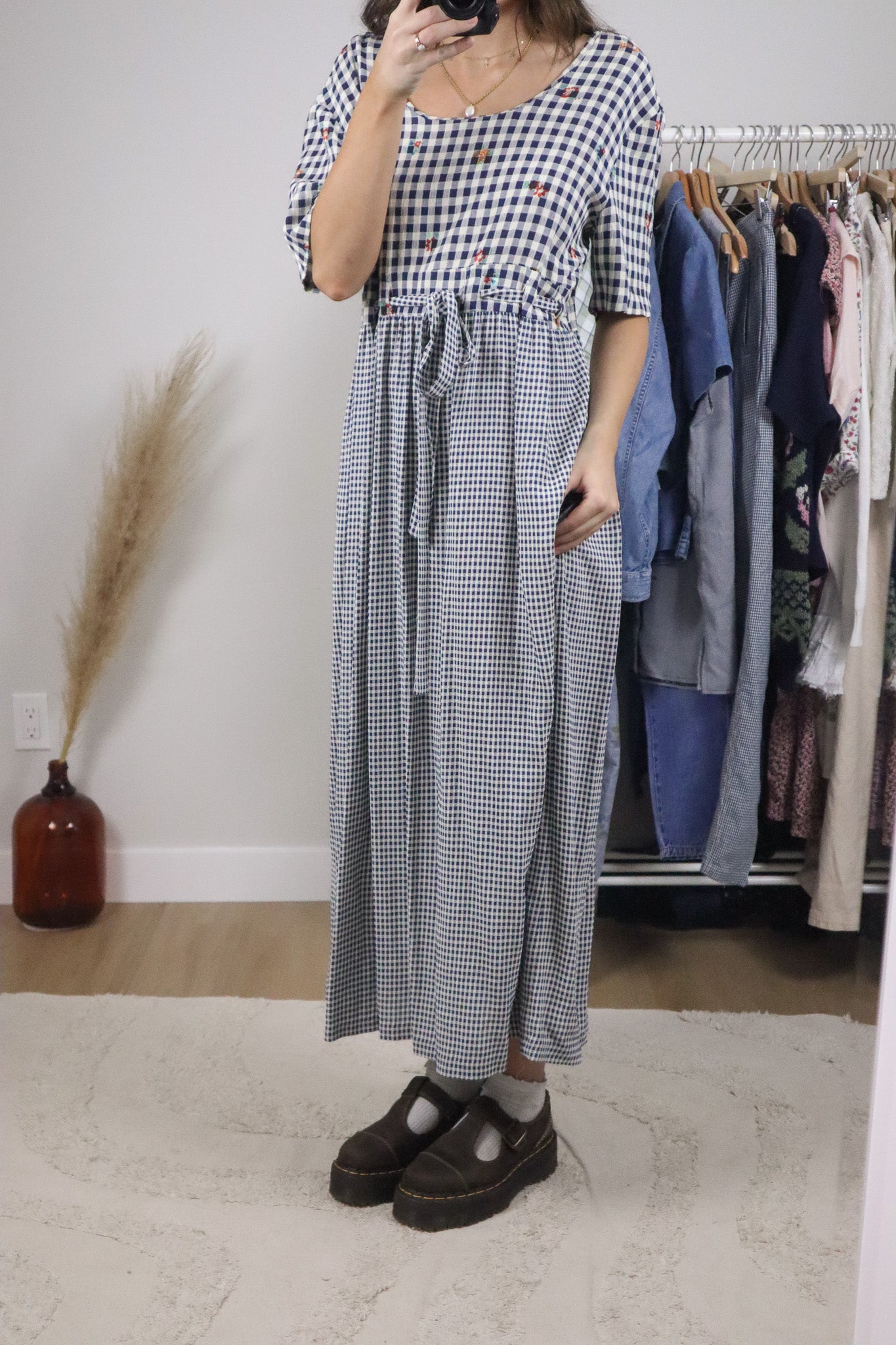 Made in USA x Vintage x Gingham Floral Tie Maxi Dress (8/10)
