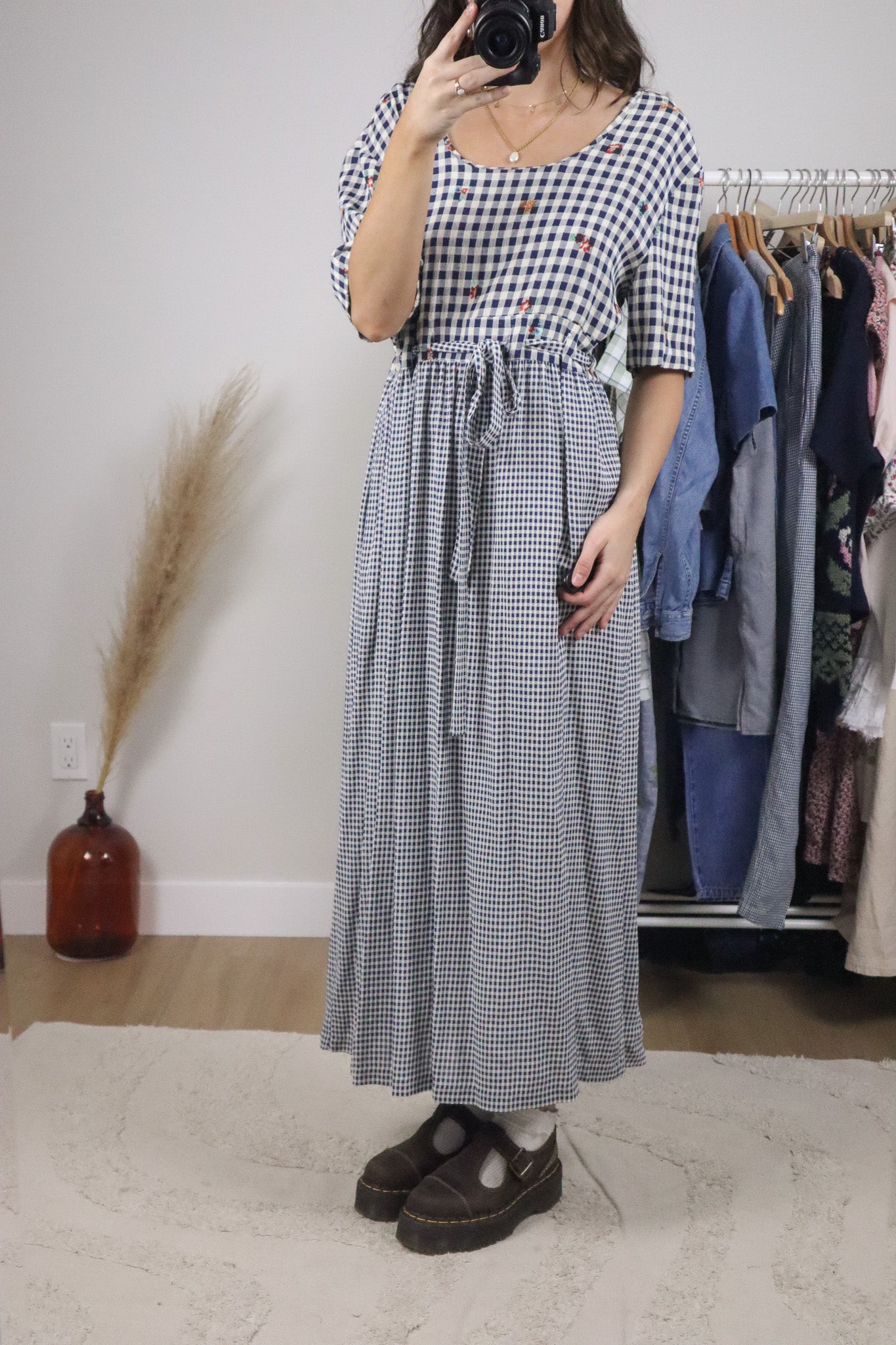 Made in USA x Vintage x Gingham Floral Tie Maxi Dress (8/10)