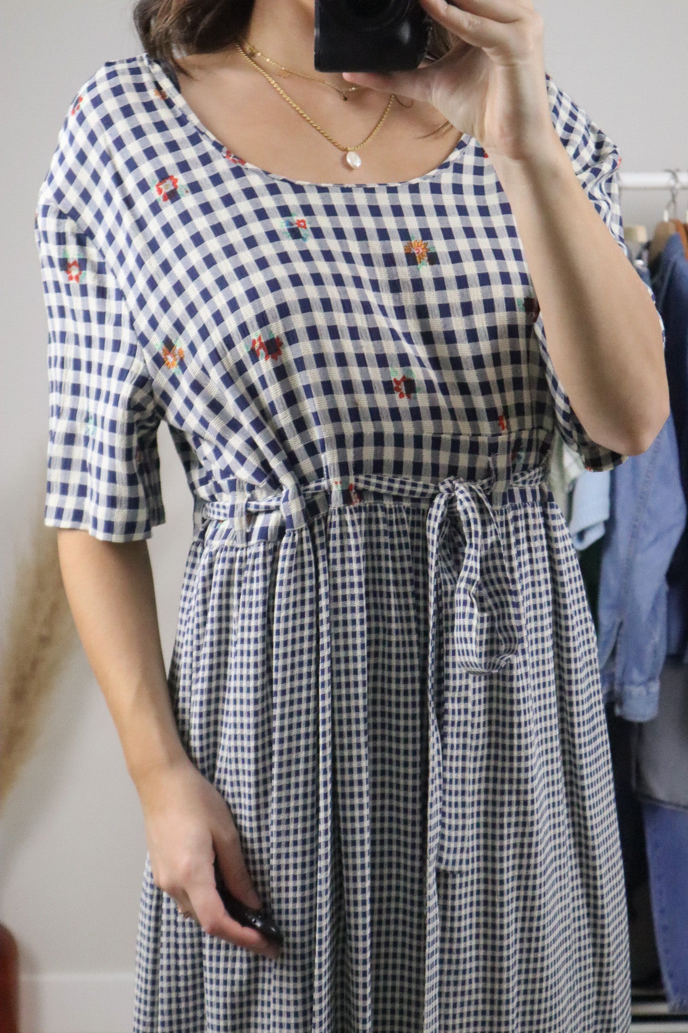 Made in USA x Vintage x Gingham Floral Tie Maxi Dress (8/10)