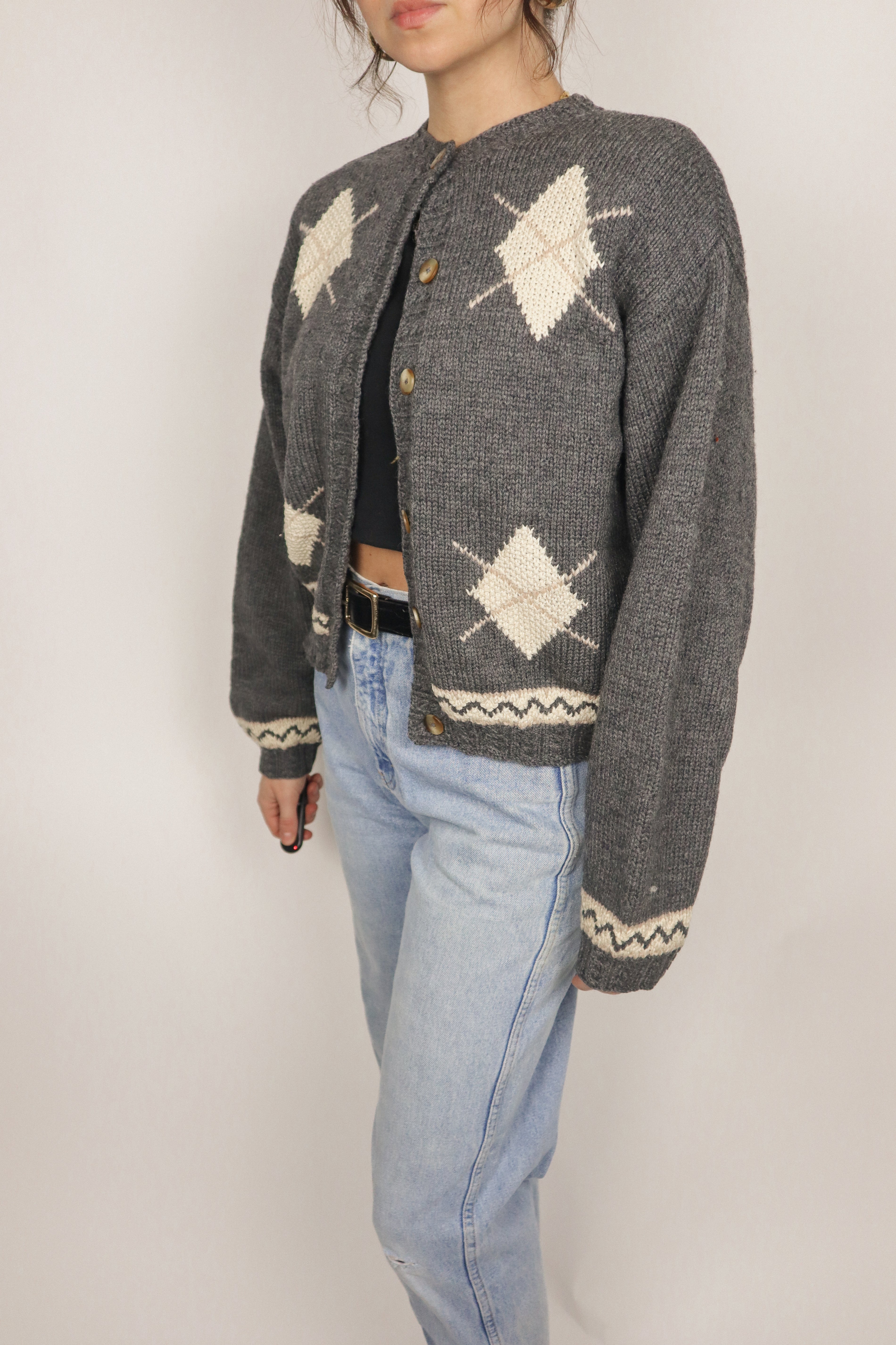 Vintage x Wool Argyle Cropped Cardigan (S/M)