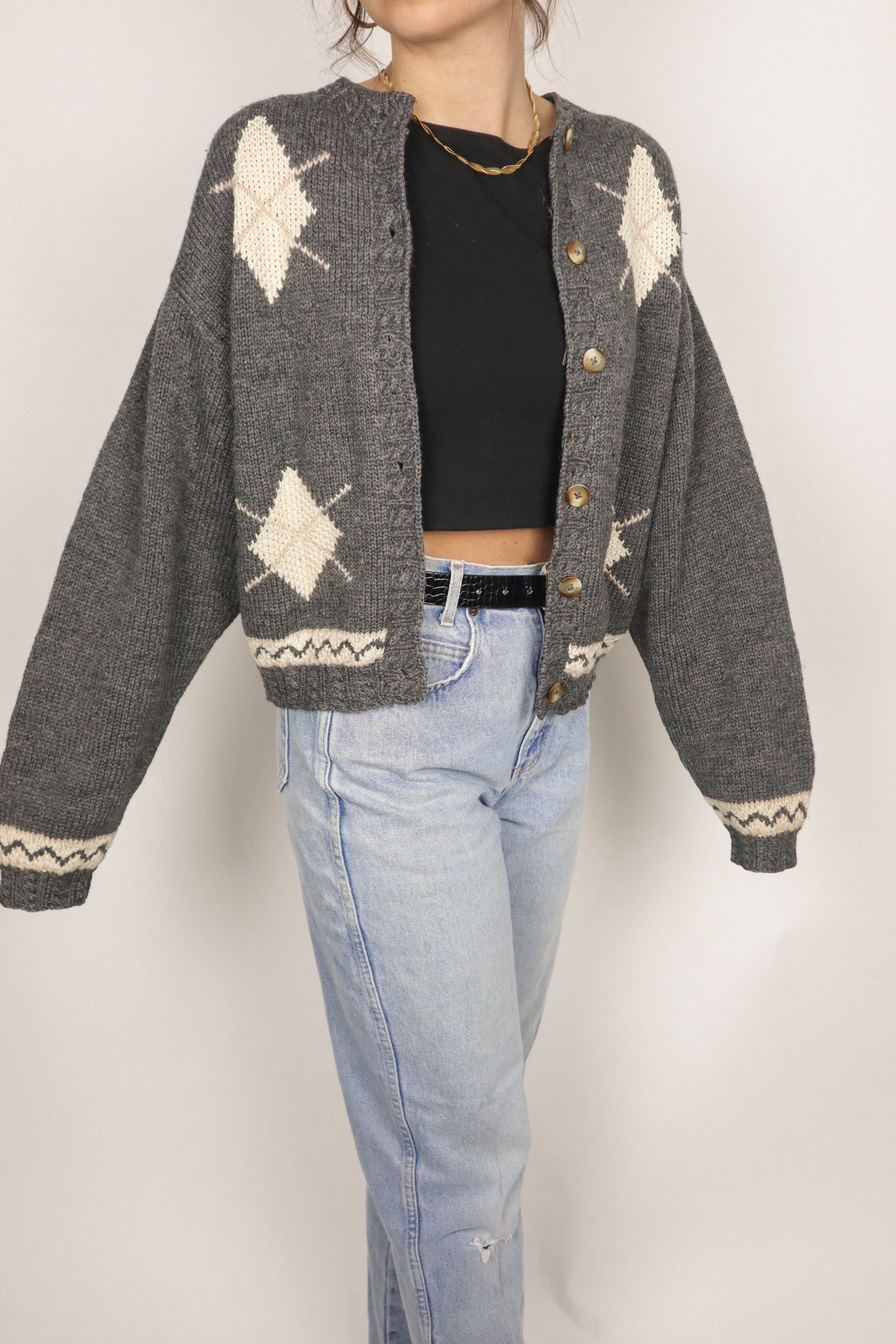 Vintage x Wool Argyle Cropped Cardigan (S/M)