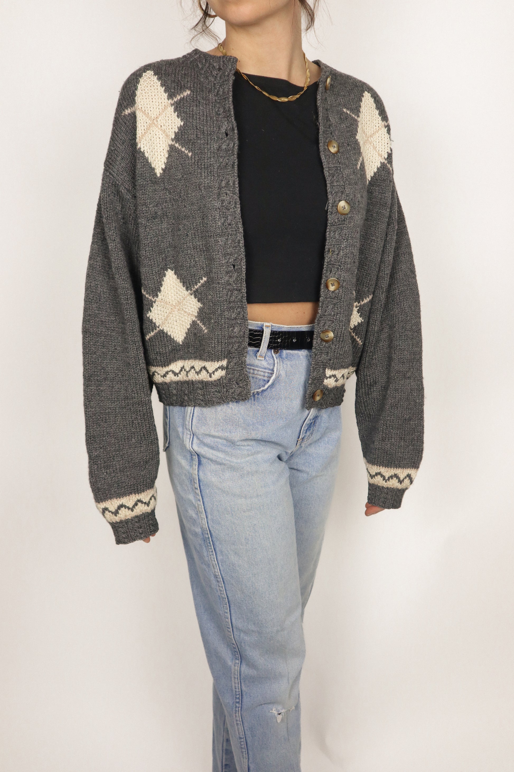 Vintage x Wool Argyle Cropped Cardigan (S/M)