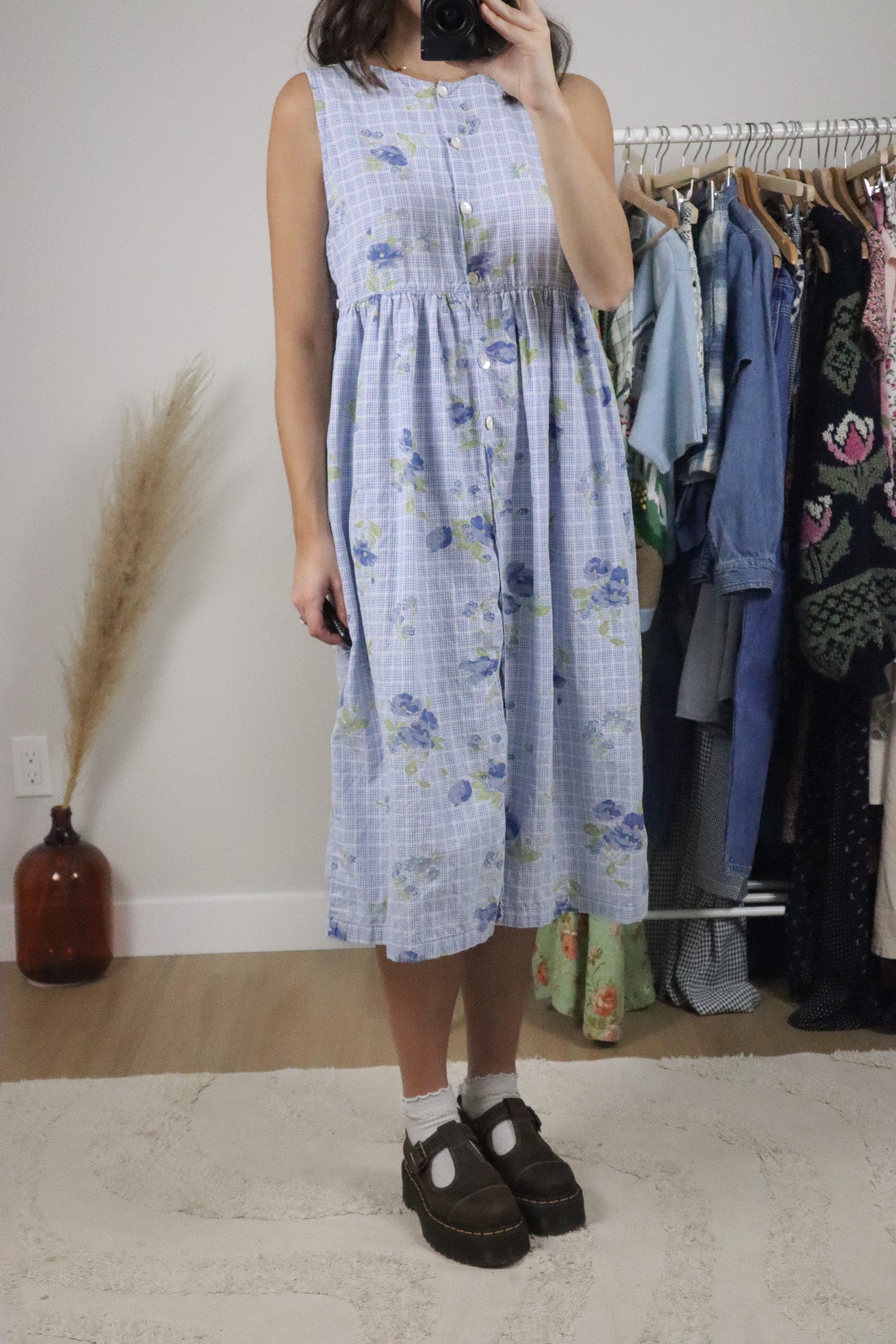 Vintage x April Conrell x Cotton Gingham/Floral Button Midi Dress (S)