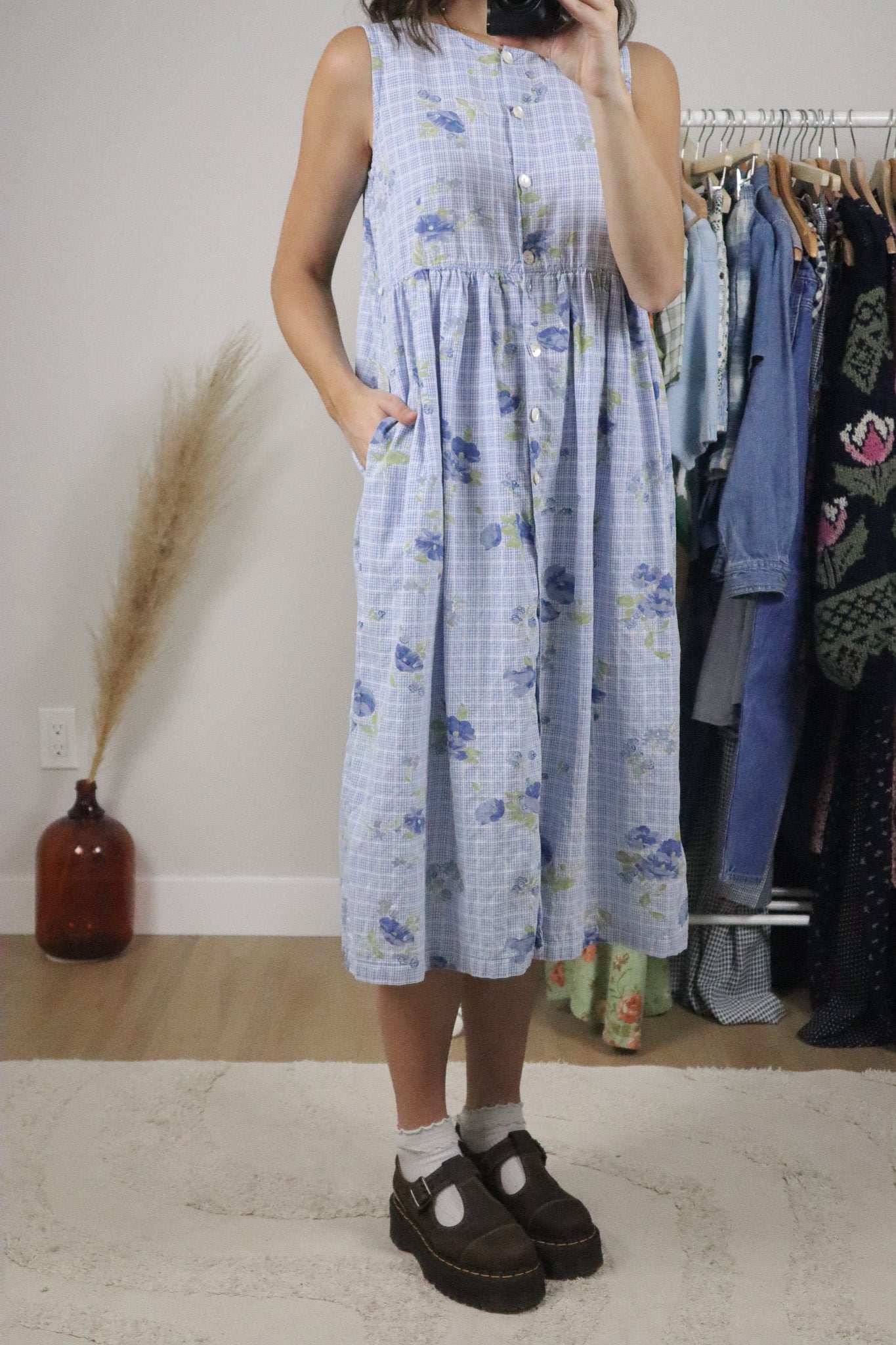 Vintage x April Conrell x Cotton Gingham/Floral Button Midi Dress (S)