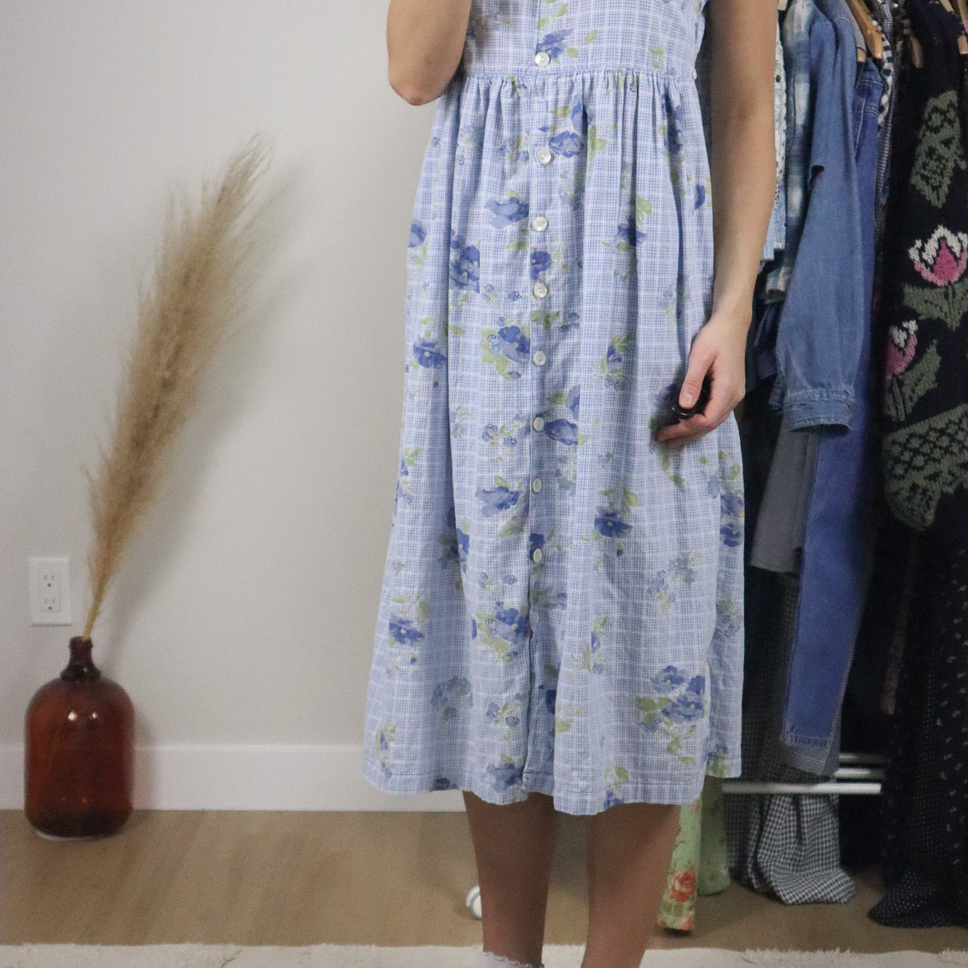 Vintage x April Conrell x Cotton Gingham/Floral Button Midi Dress (S)