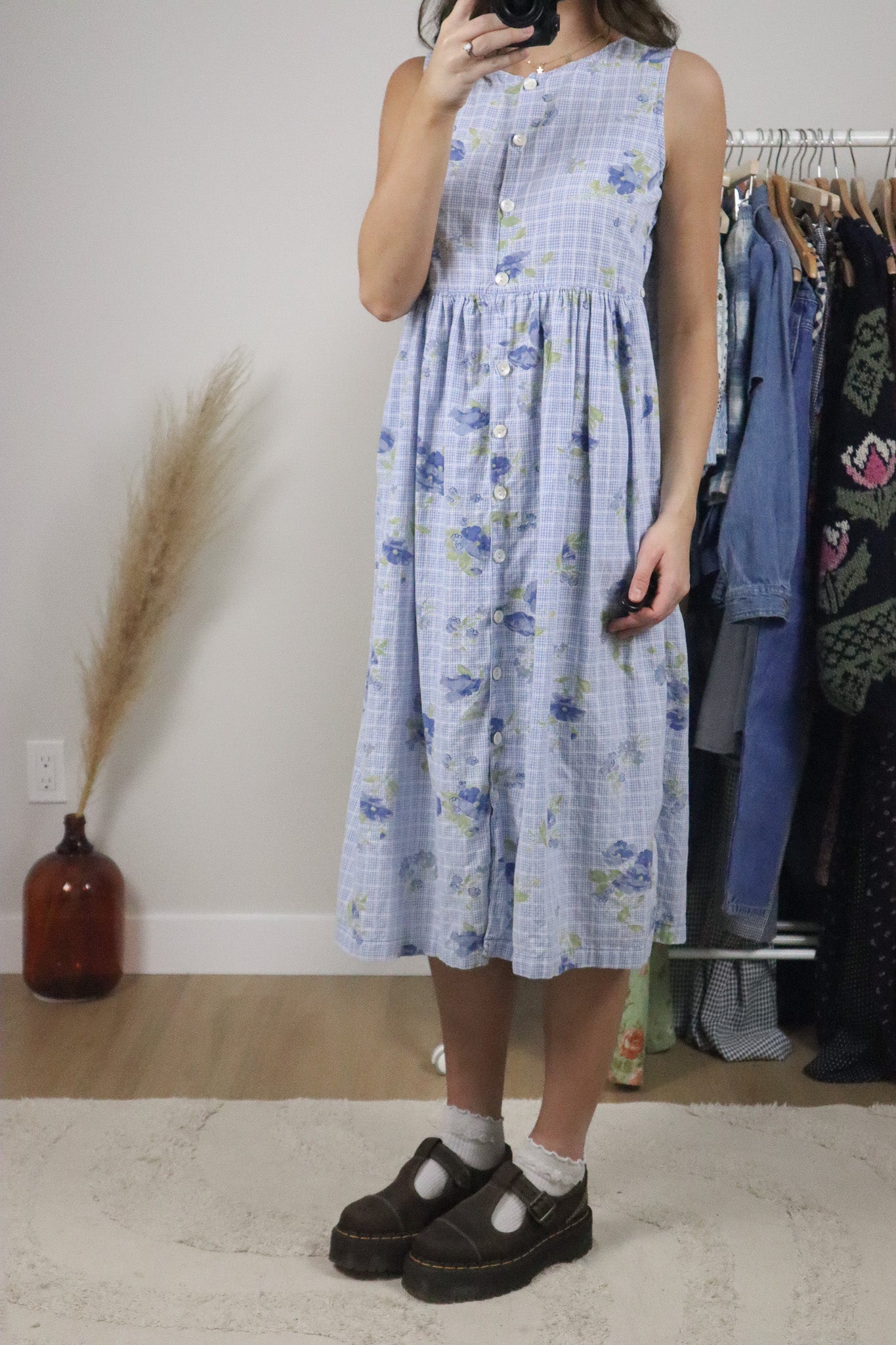 Vintage x April Conrell x Cotton Gingham/Floral Button Midi Dress (S)