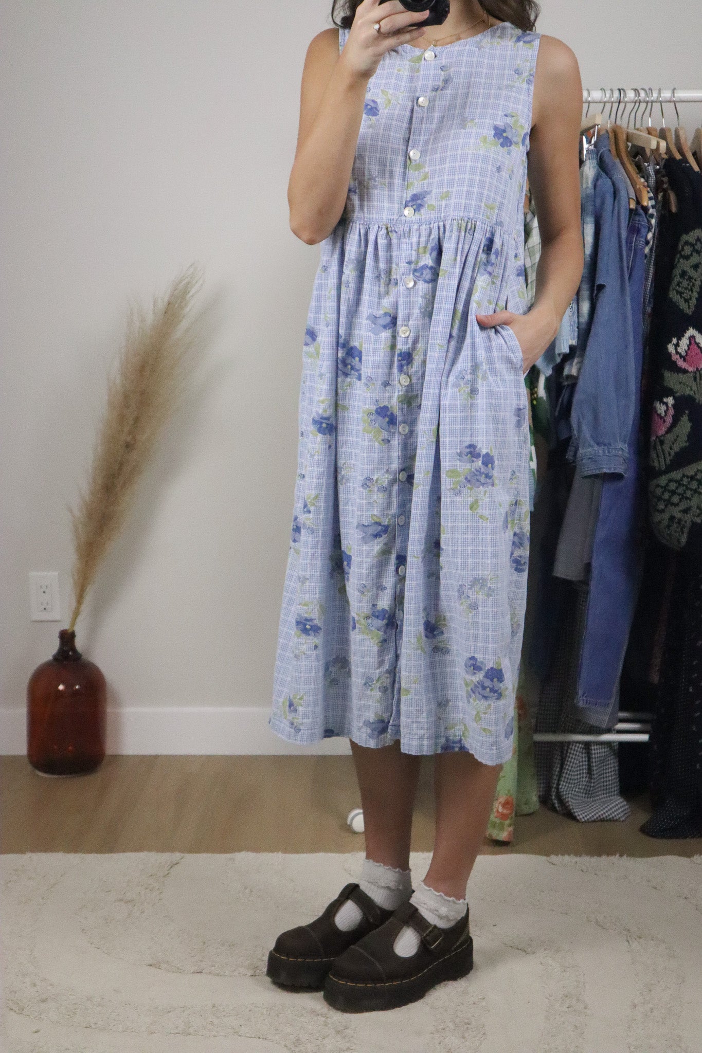 Vintage x April Conrell x Cotton Gingham/Floral Button Midi Dress (S)