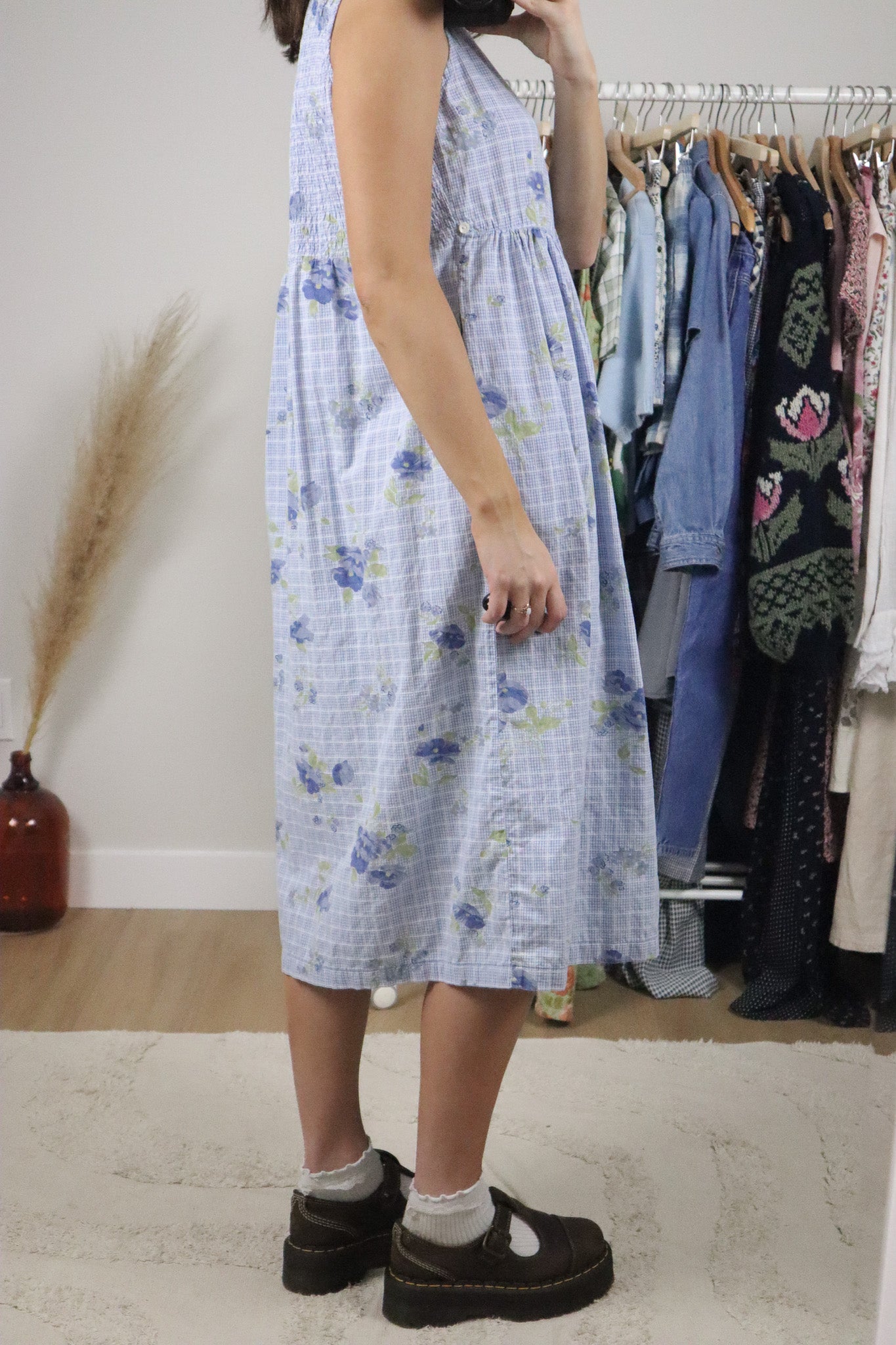 Vintage x April Conrell x Cotton Gingham/Floral Button Midi Dress (S)