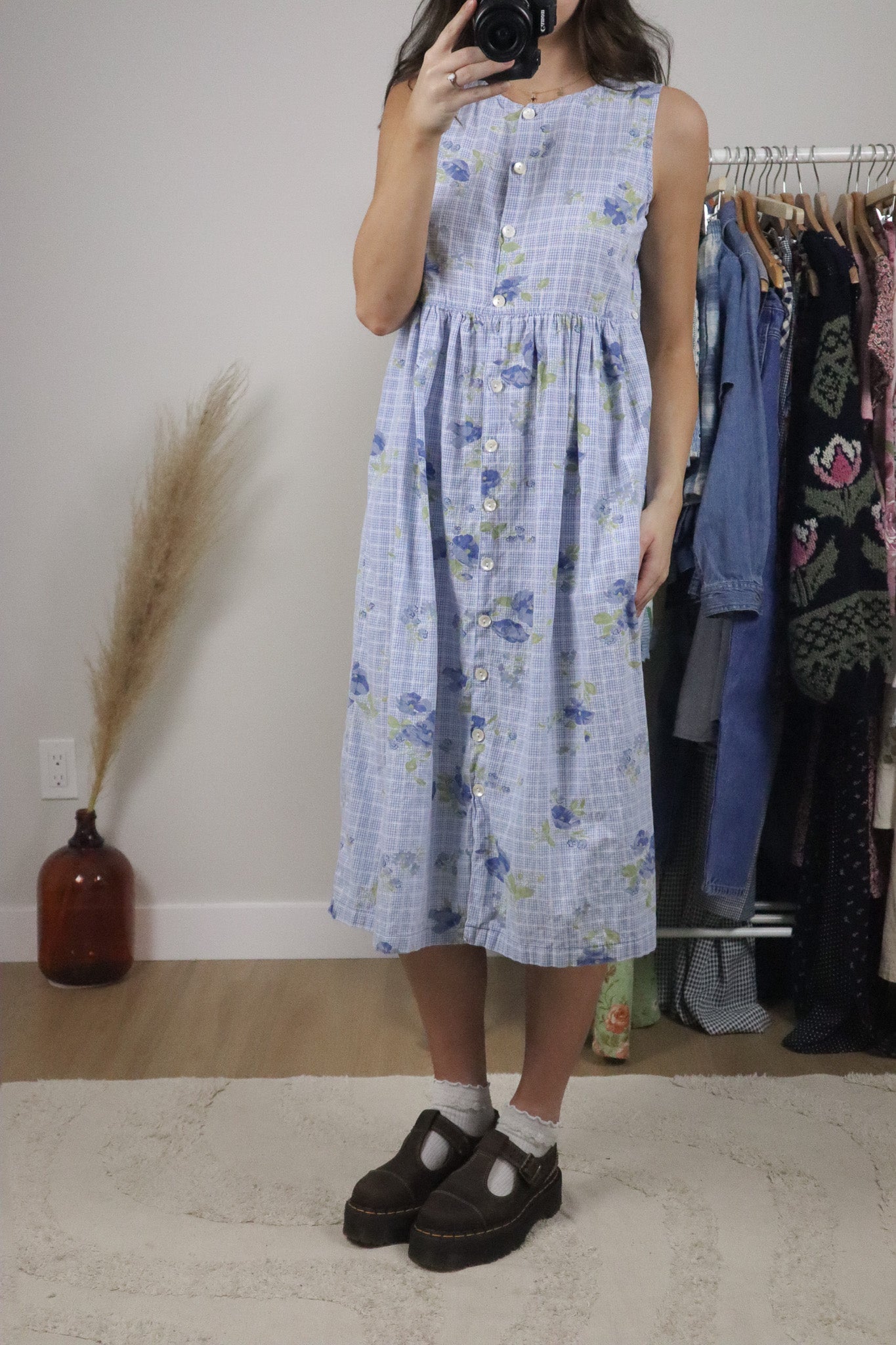 Vintage x April Conrell x Cotton Gingham/Floral Button Midi Dress (S)