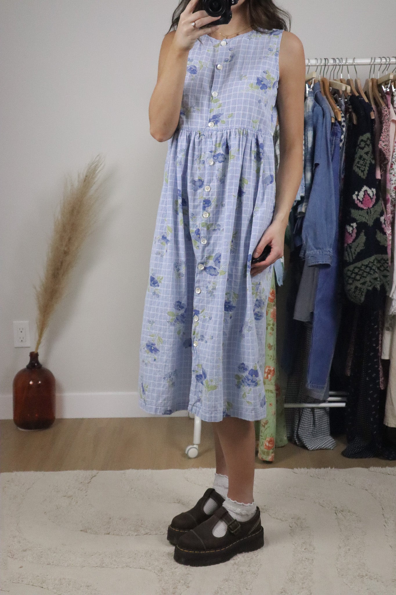 Vintage x April Conrell x Cotton Gingham/Floral Button Midi Dress (S)