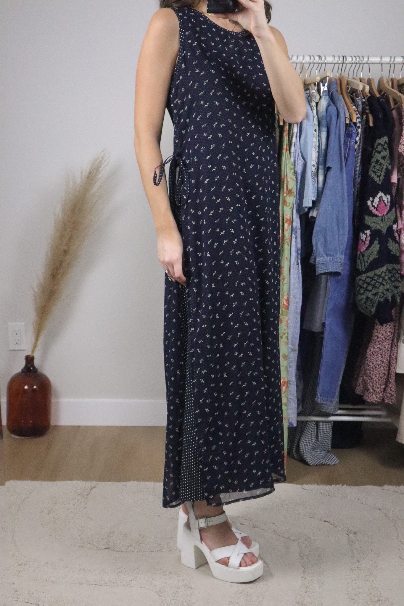 Vintage x Floral/Polka Dot Mesh Maxi Dress (M)