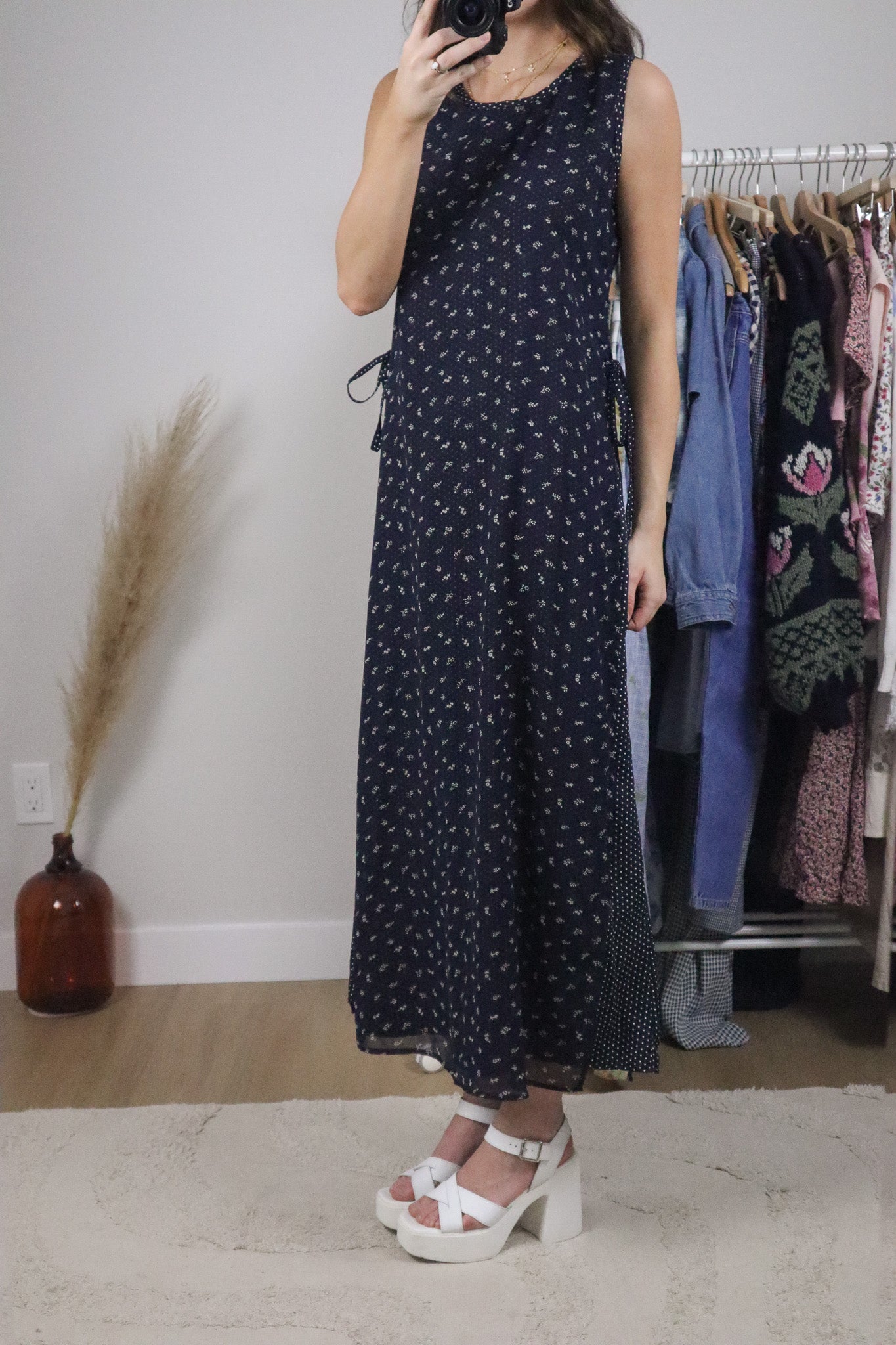 Vintage x Floral/Polka Dot Mesh Maxi Dress (M)