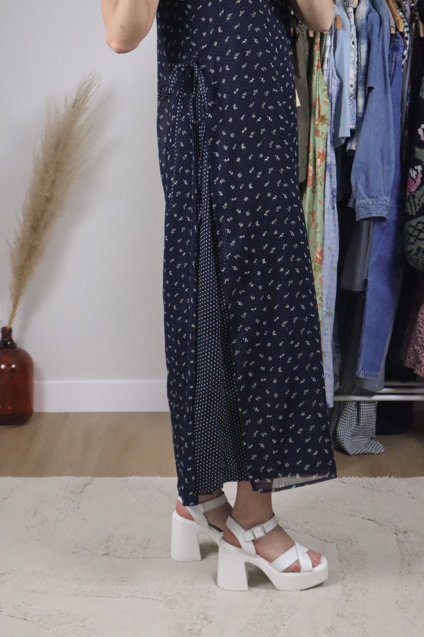 Vintage x Floral/Polka Dot Mesh Maxi Dress (M)