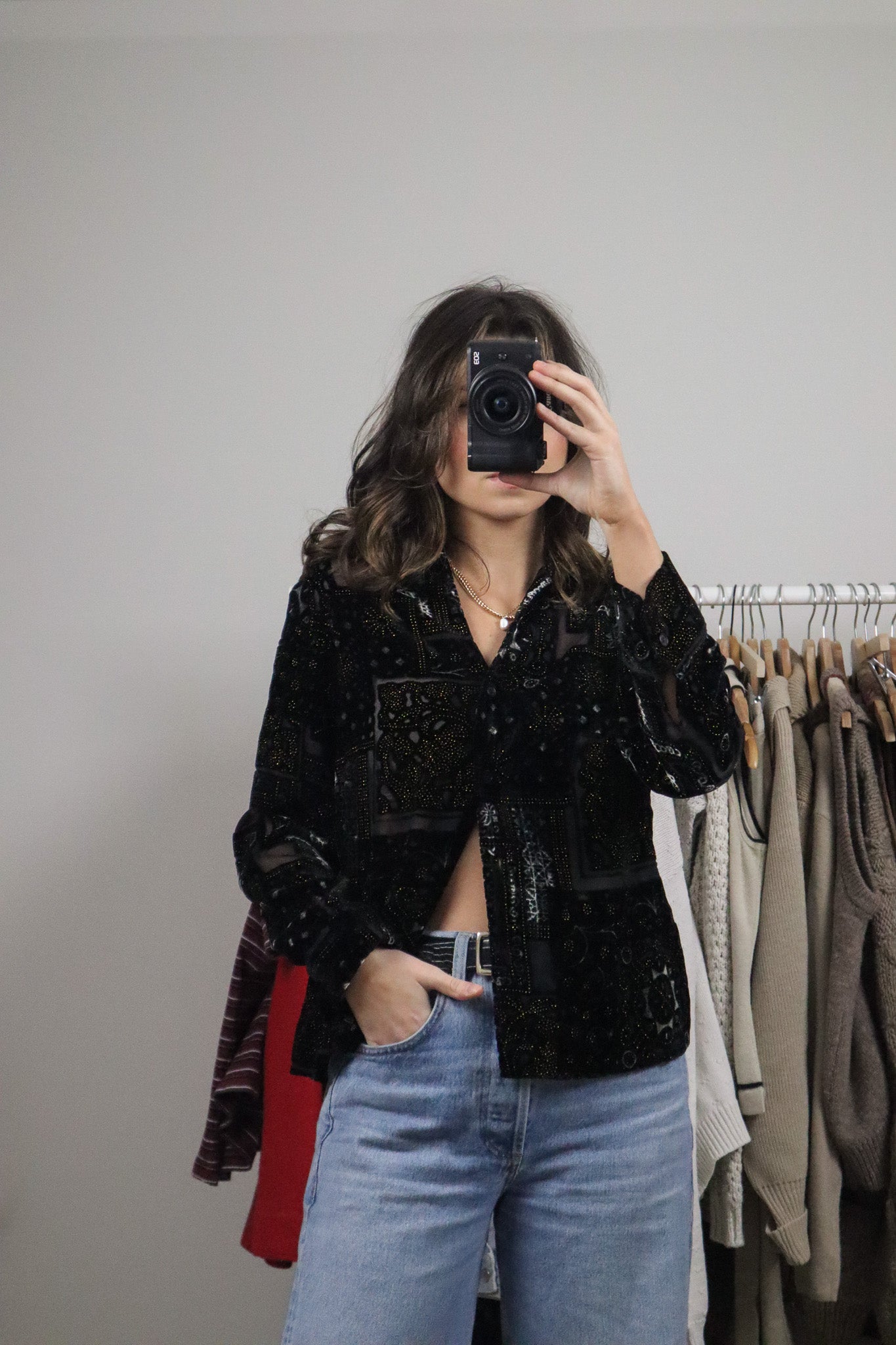 Vintage x Velvet Shimmer Button Up (S/M)