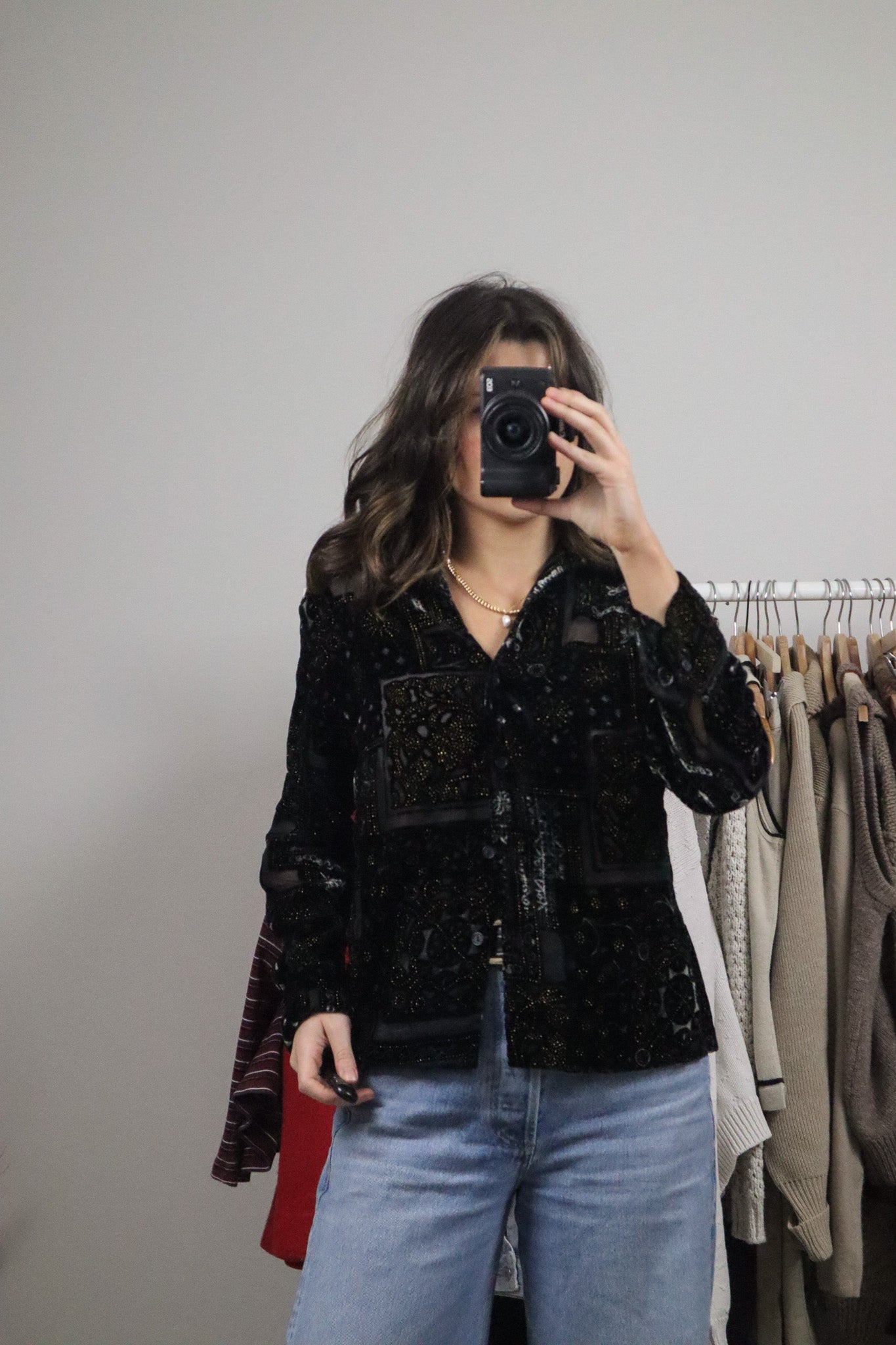 Vintage x Velvet Shimmer Button Up (S/M)