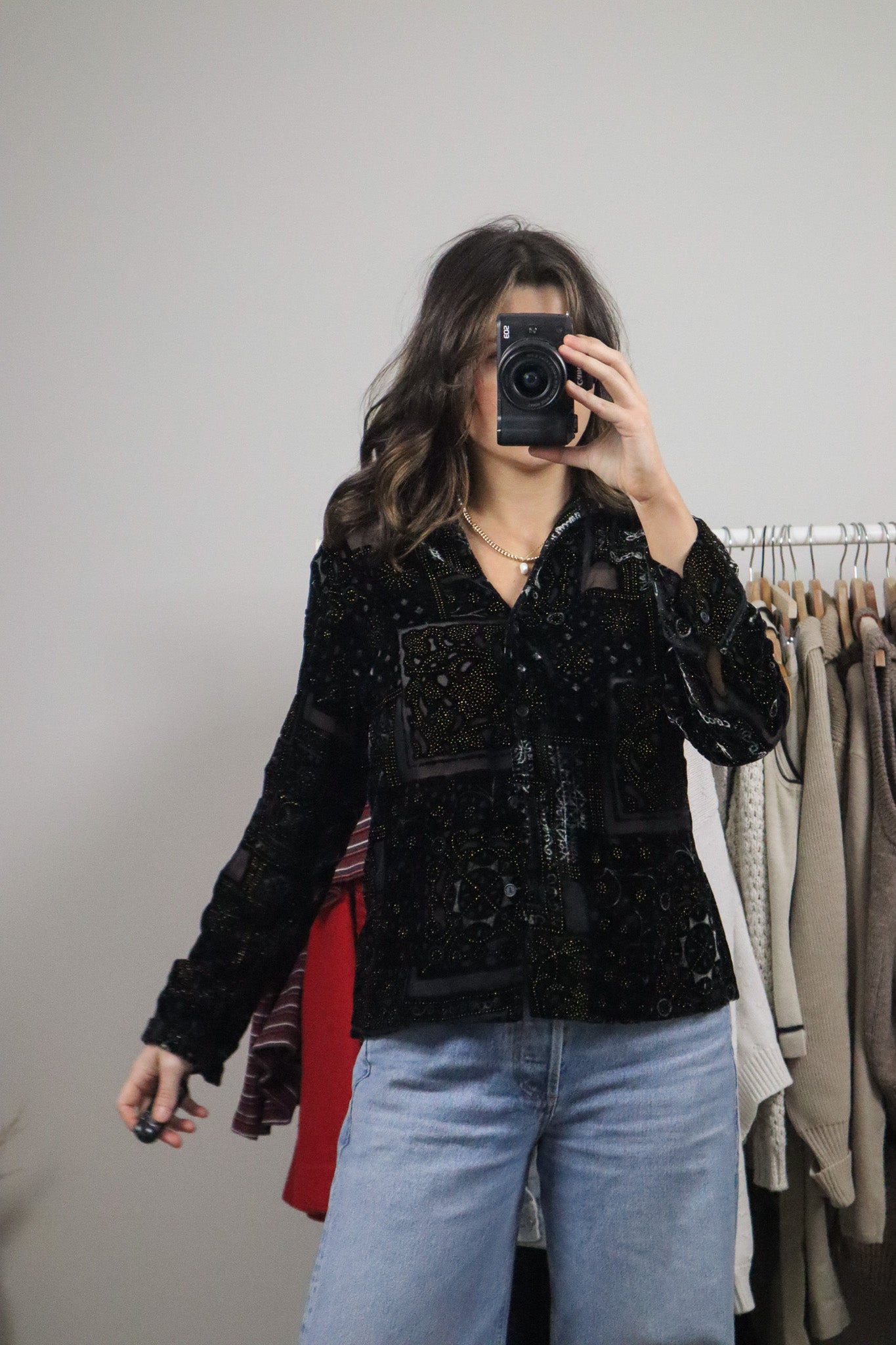 Vintage x Velvet Shimmer Button Up (S/M)