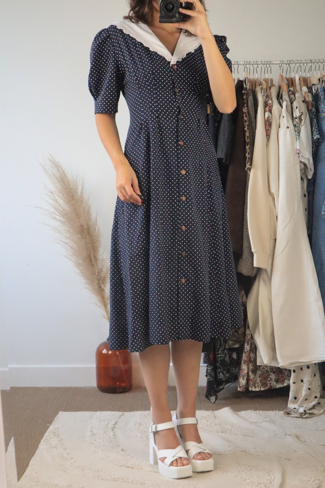 Made in Canada x Vintage x Collared Polka Dot Dress (L)