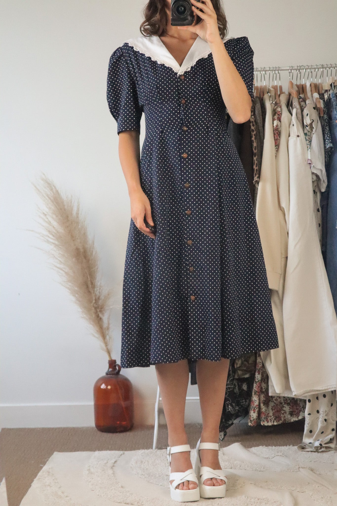 Made in Canada x Vintage x Collared Polka Dot Dress (L)