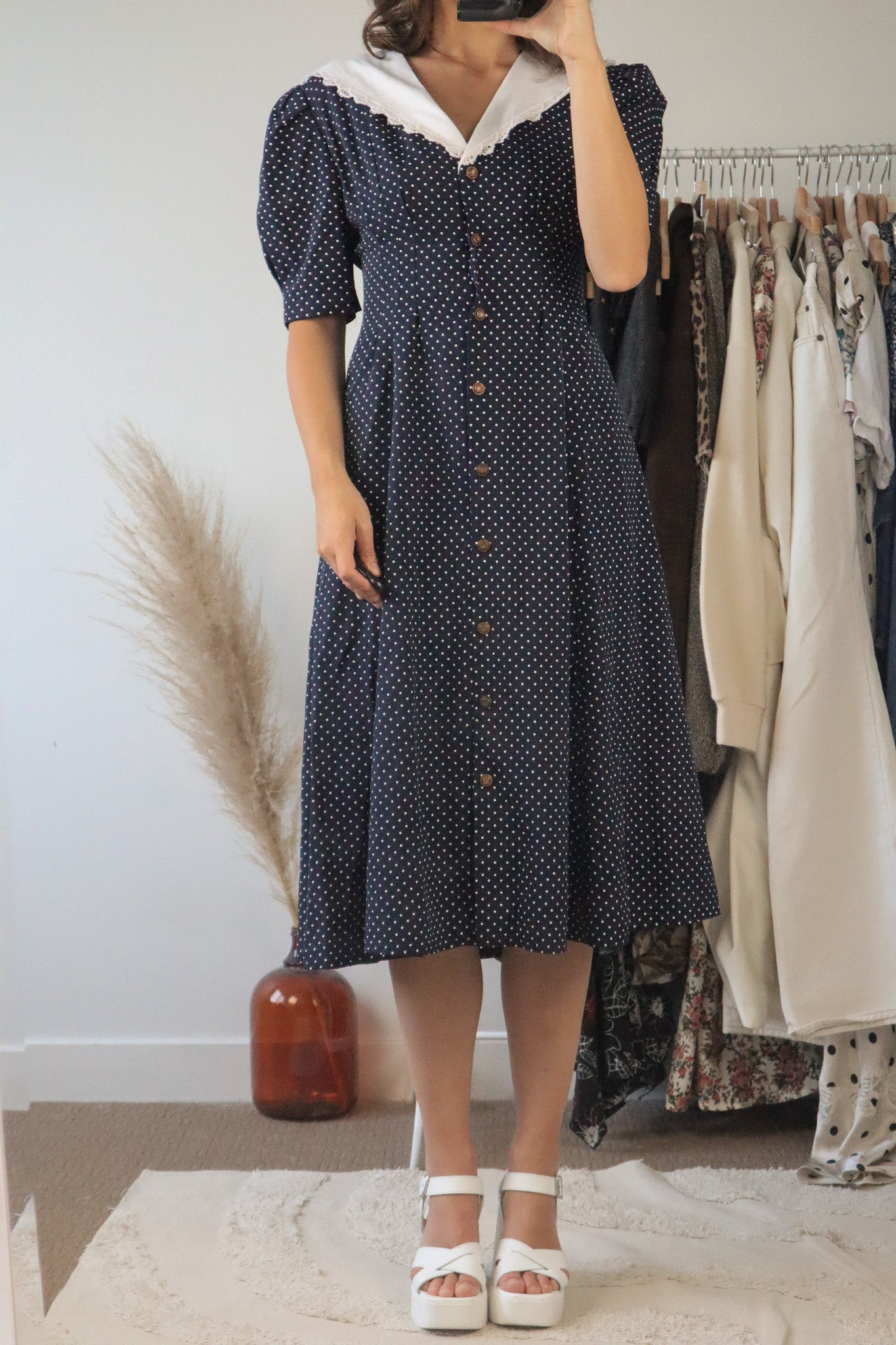 Made in Canada x Vintage x Collared Polka Dot Dress (L)