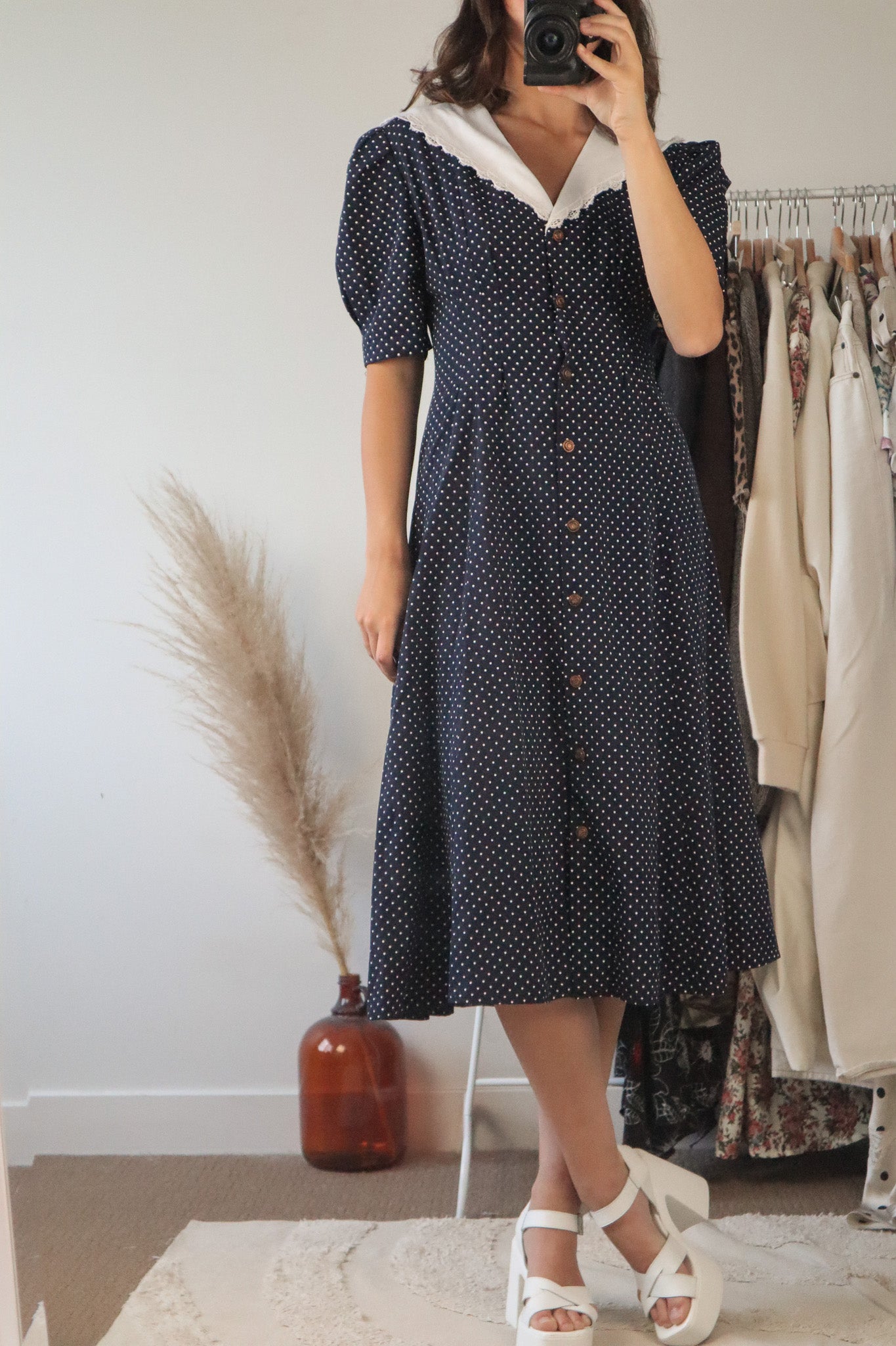 Made in Canada x Vintage x Collared Polka Dot Dress (L)