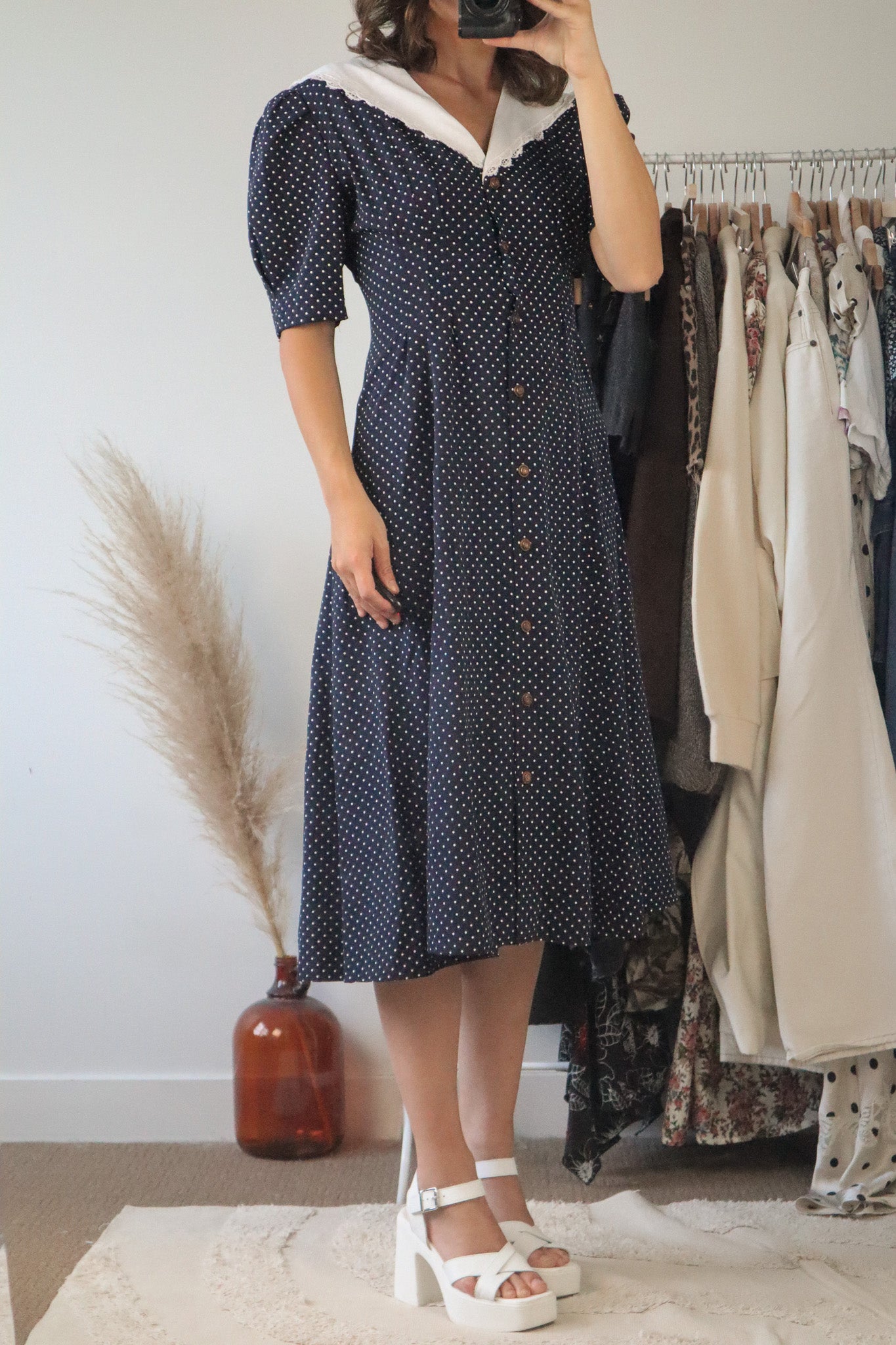 Made in Canada x Vintage x Collared Polka Dot Dress (L)