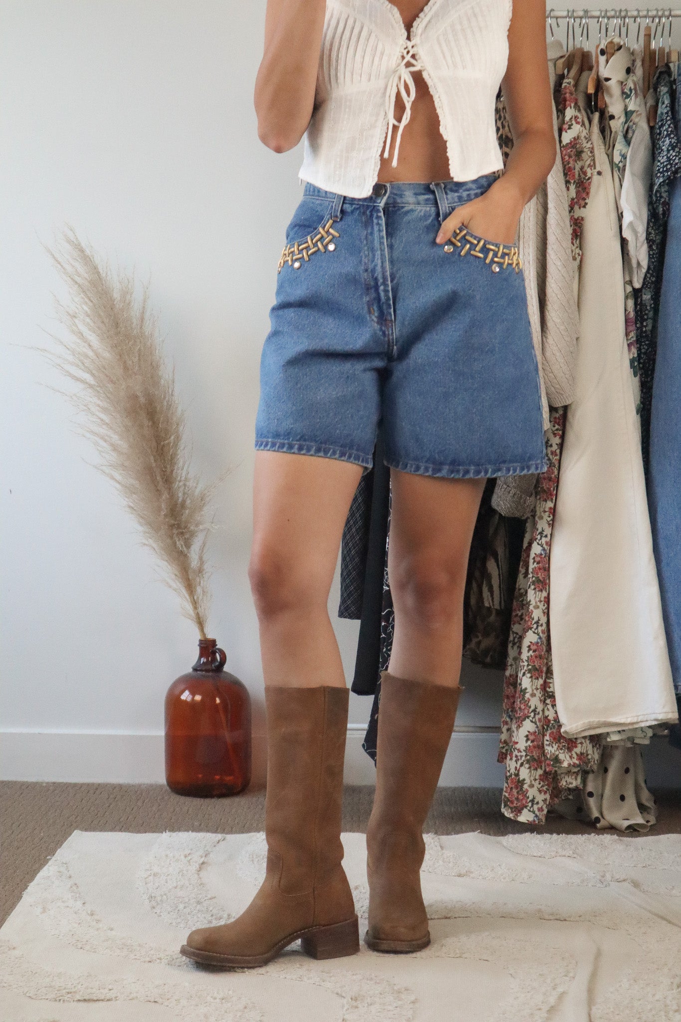 Made in USA x Vintage x 90s Denim Gold Studded Shorts (4/6)