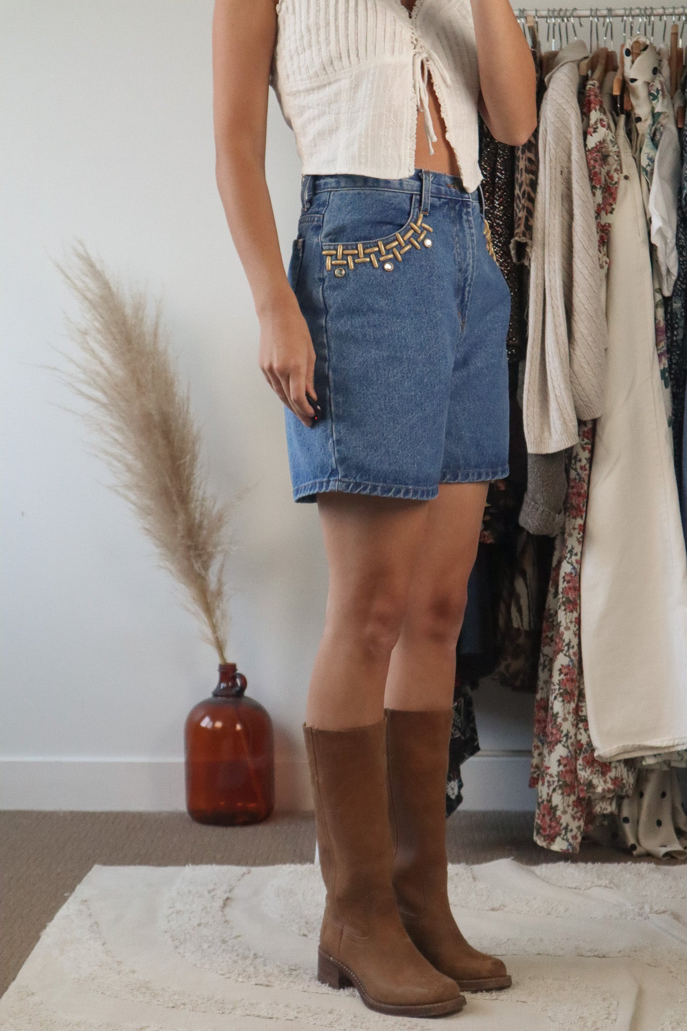 Made in USA x Vintage x 90s Denim Gold Studded Shorts (4/6)