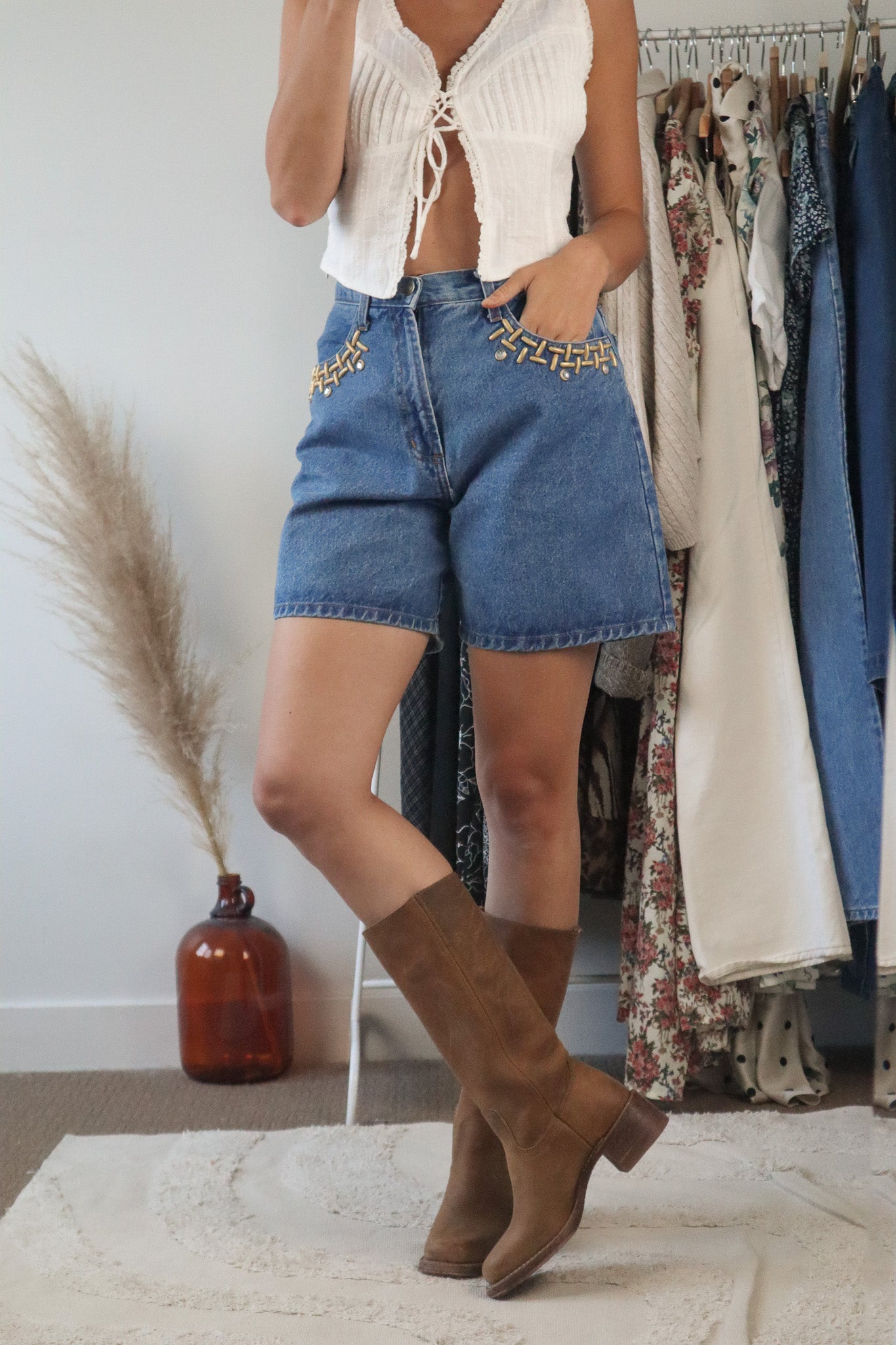 Made in USA x Vintage x 90s Denim Gold Studded Shorts (4/6)