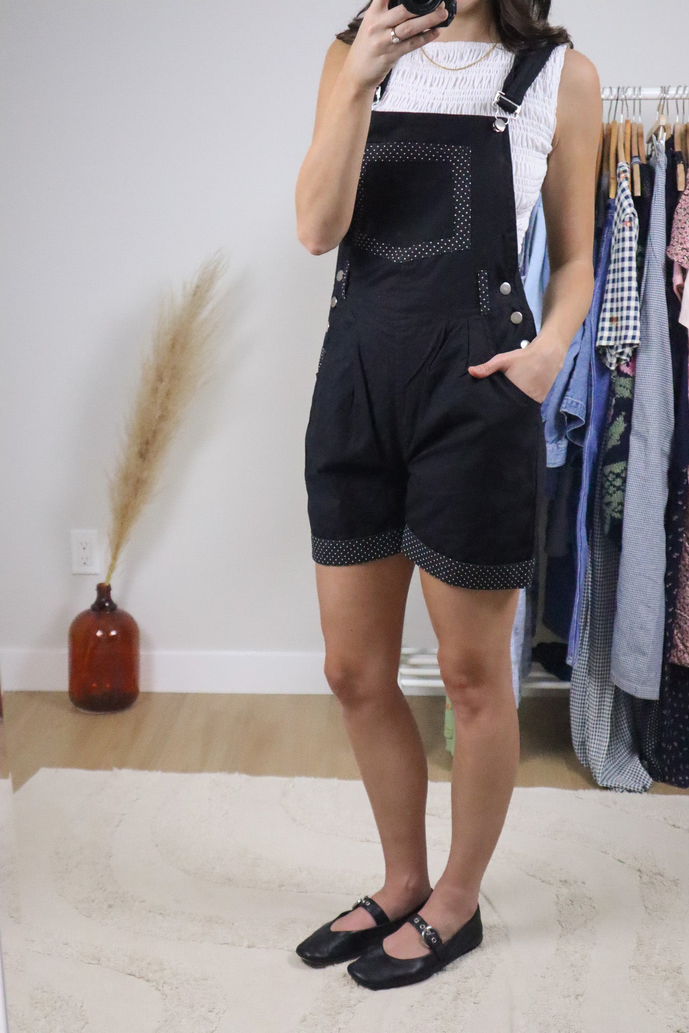 Vintage x Cotton Polka Dot Trim Shortalls (XS)