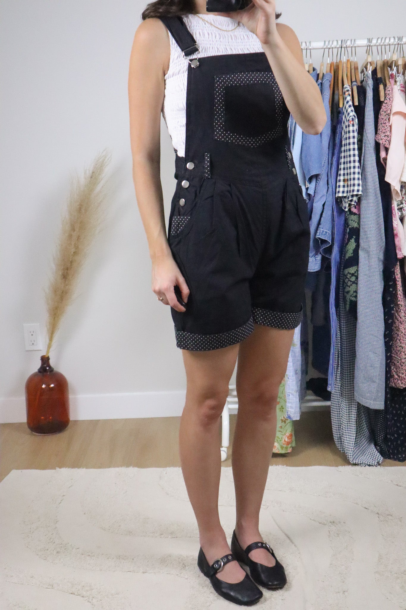 Vintage x Cotton Polka Dot Trim Shortalls (XS)
