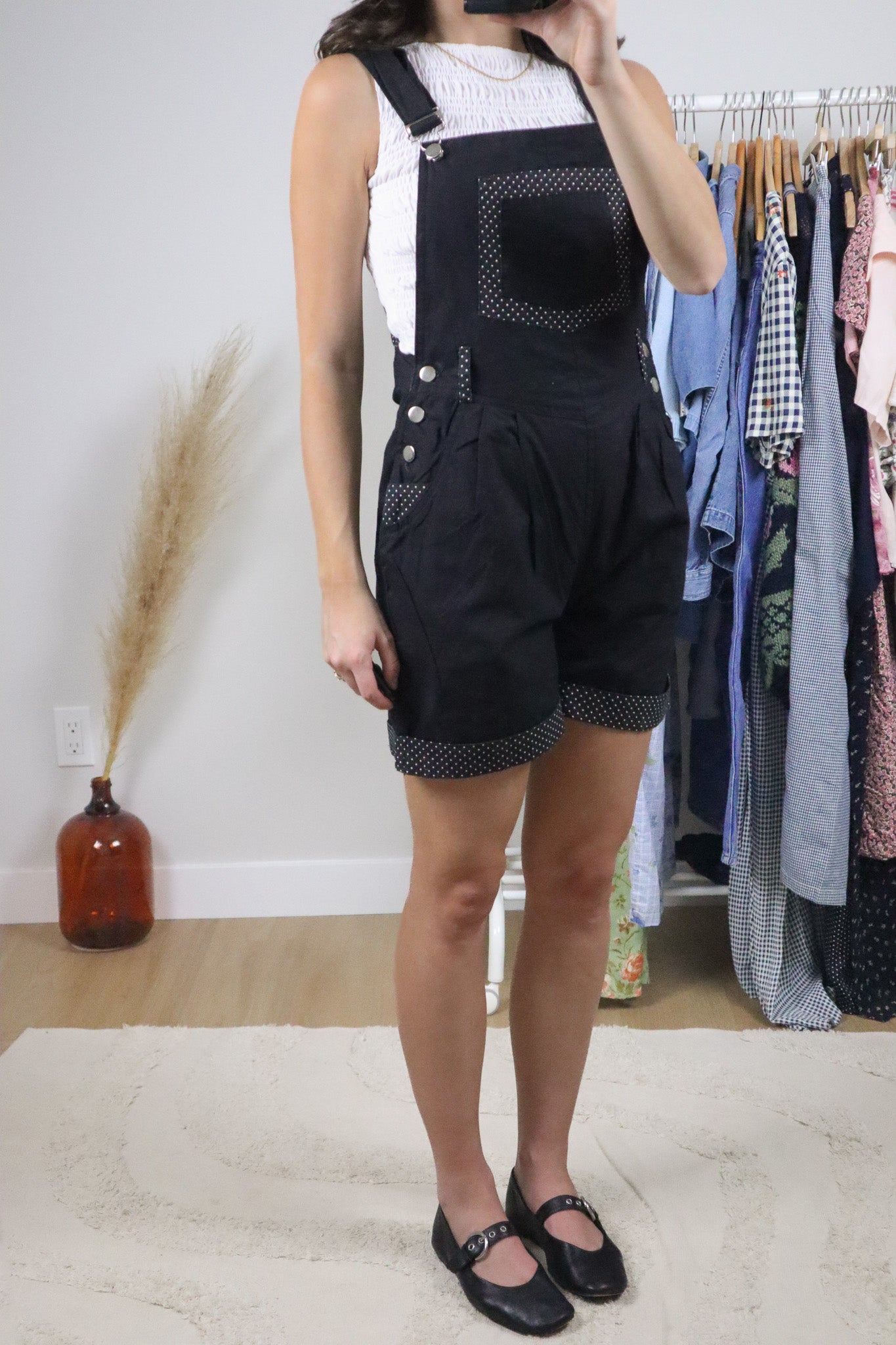 Vintage x Cotton Polka Dot Trim Shortalls (XS)