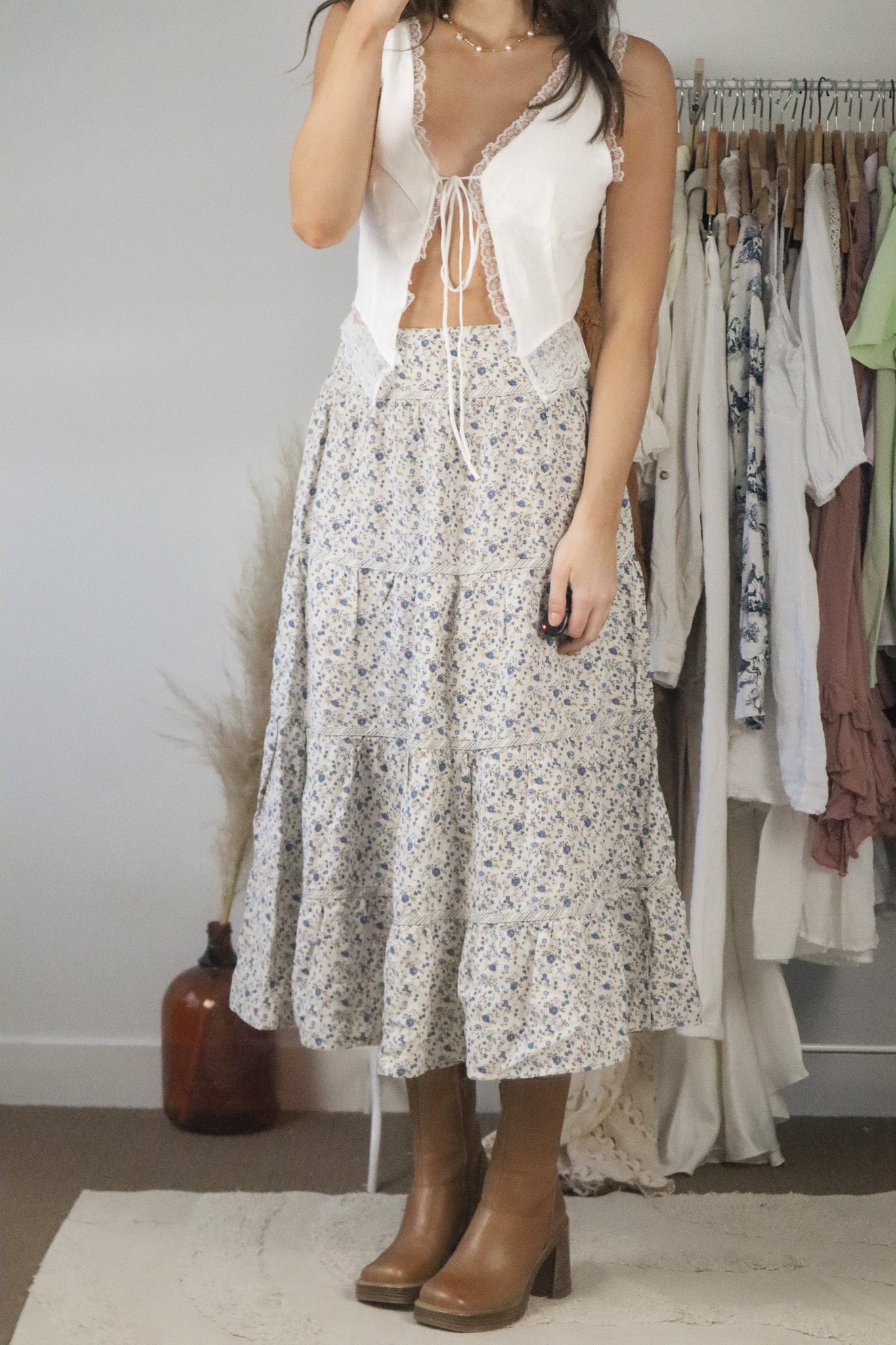 Vintage x Linen Floral Tiered Midi Skirt (4/6)