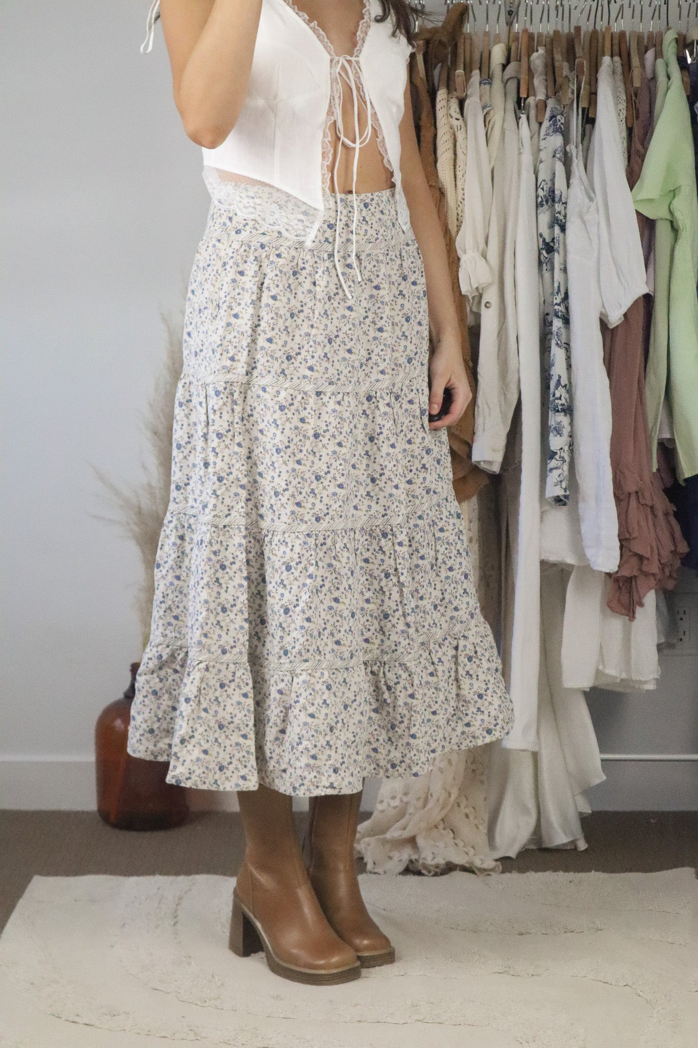 Vintage x Linen Floral Tiered Midi Skirt (4/6)
