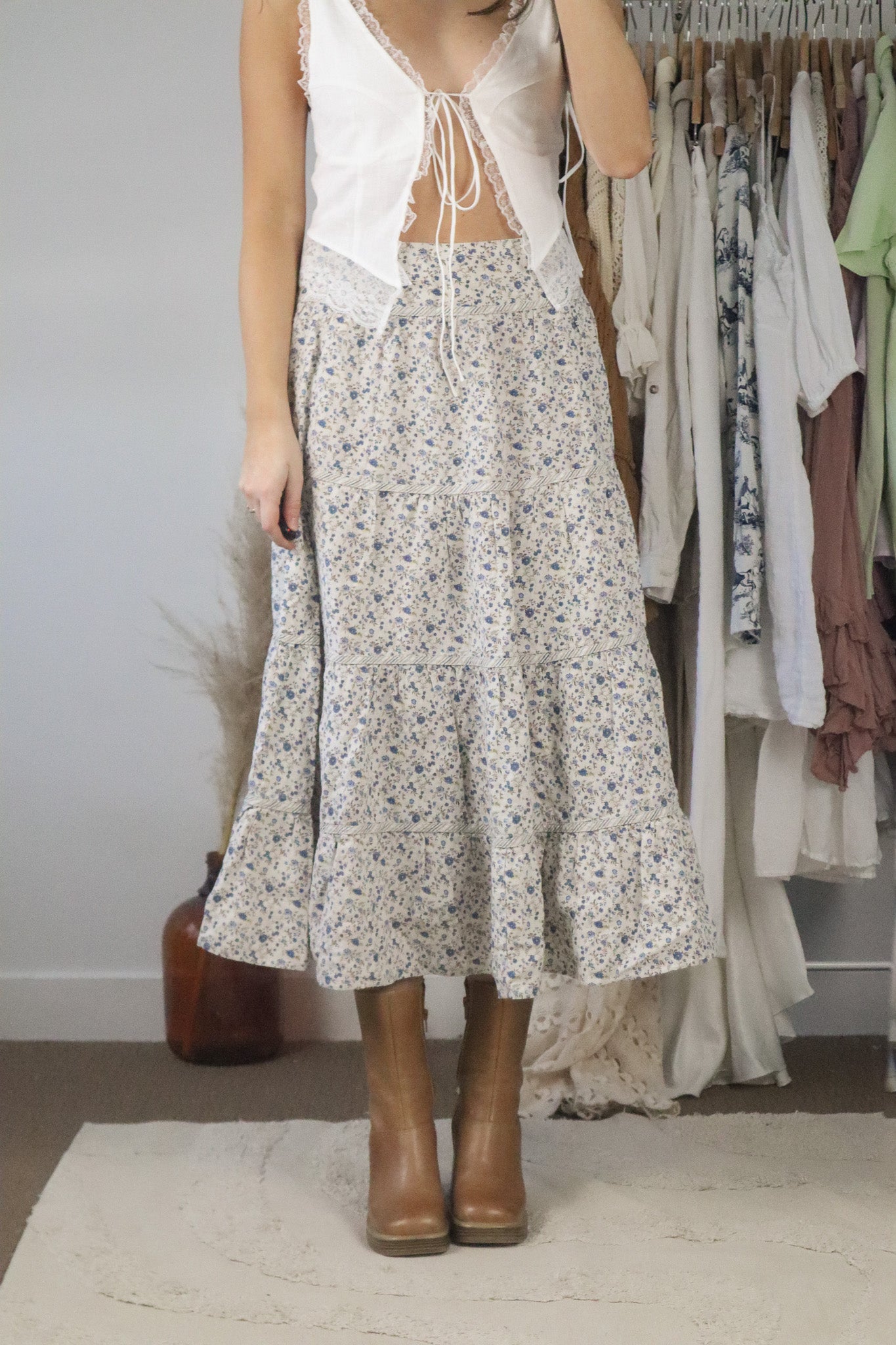 Vintage x Linen Floral Tiered Midi Skirt (4/6)