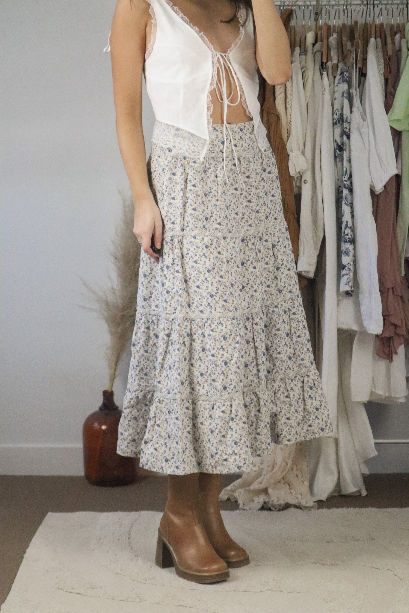 Vintage x Linen Floral Tiered Midi Skirt (4/6)
