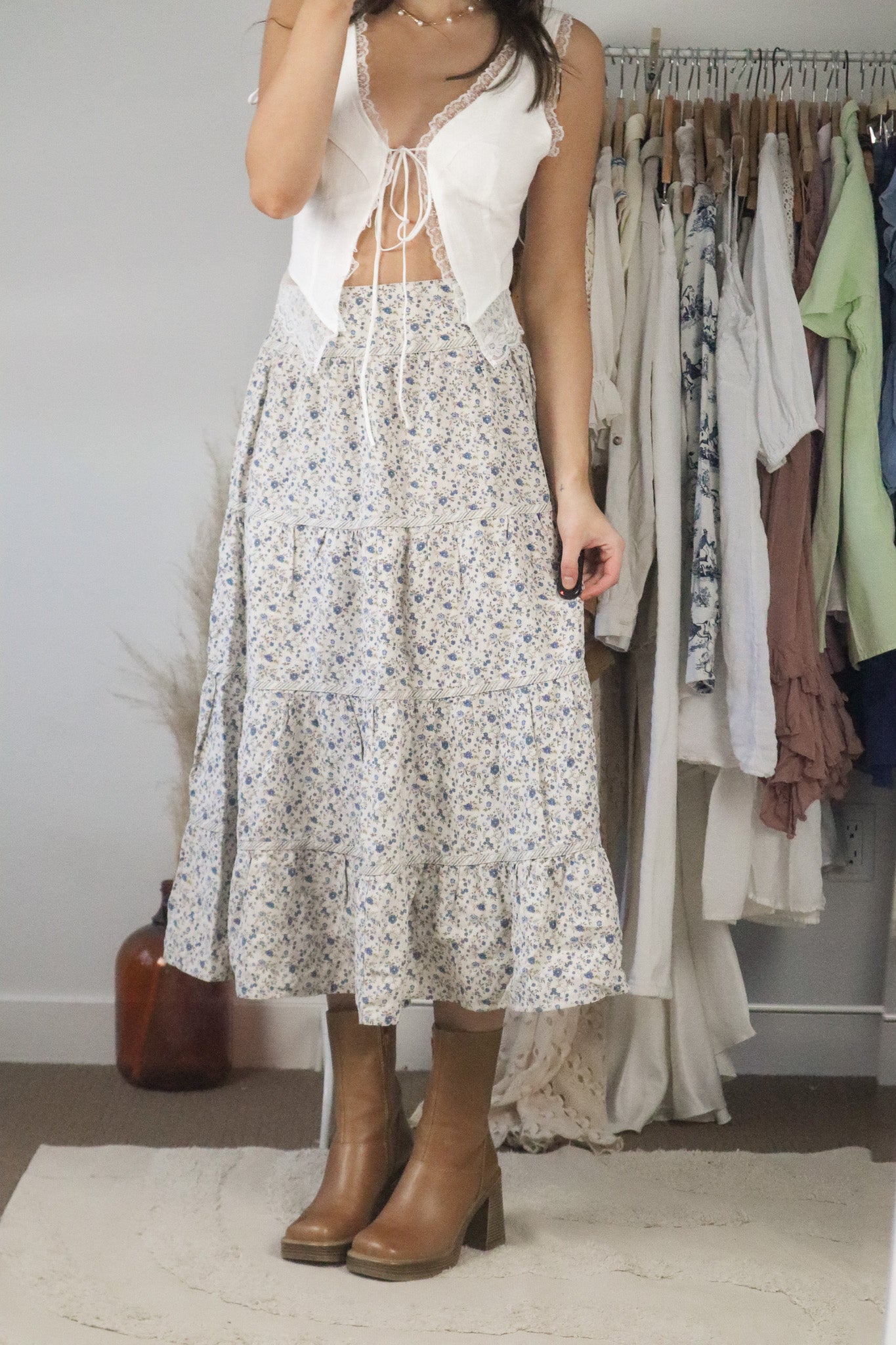 Vintage x Linen Floral Tiered Midi Skirt (4/6)