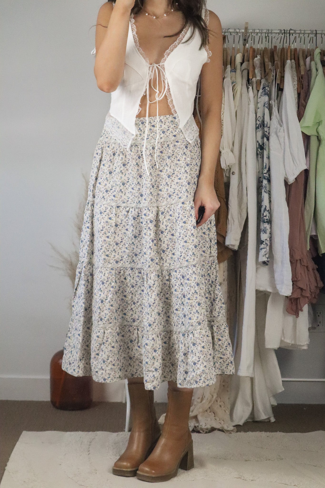 Vintage x Linen Floral Tiered Midi Skirt (4/6)