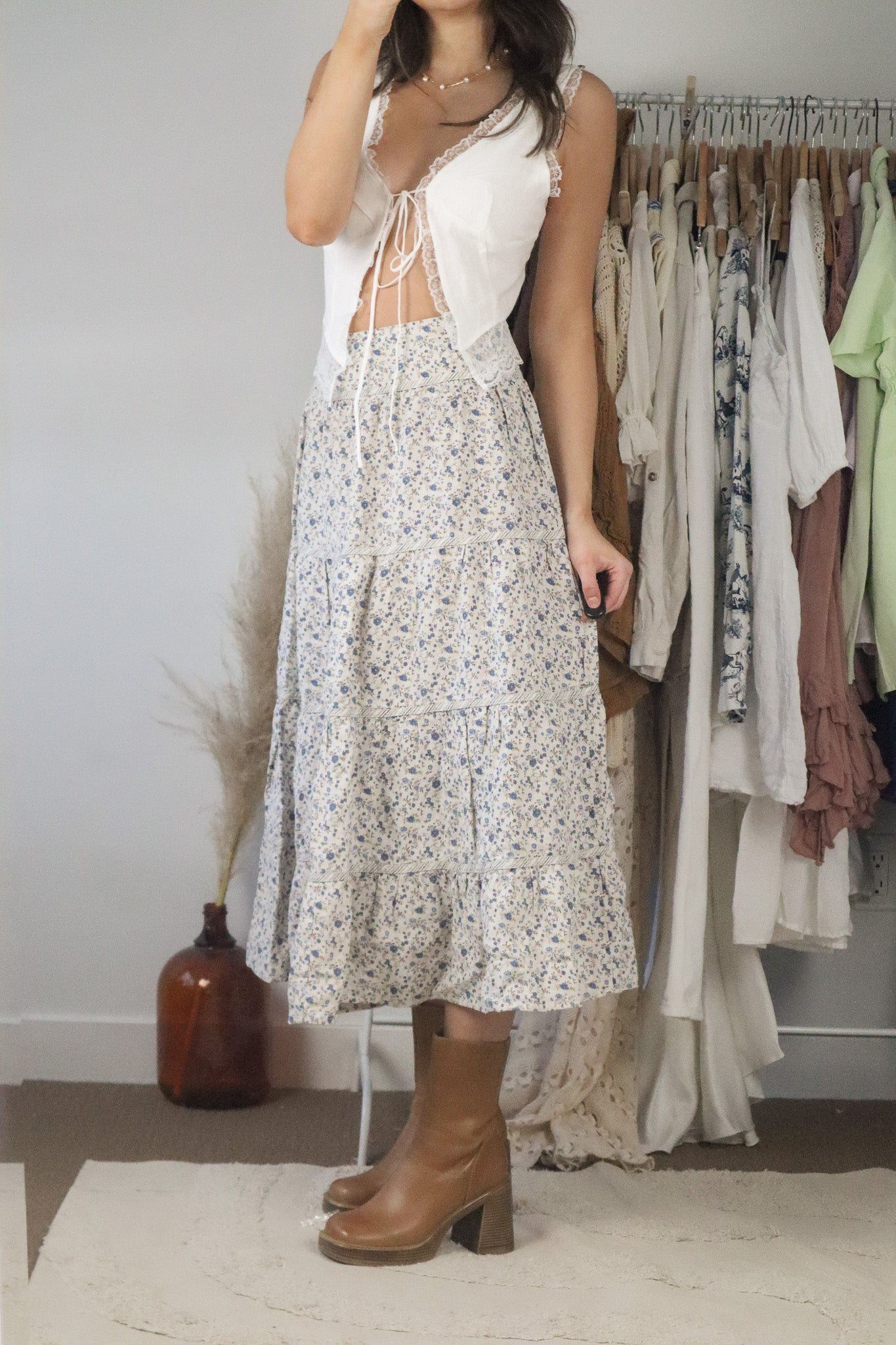 Vintage x Linen Floral Tiered Midi Skirt (4/6)