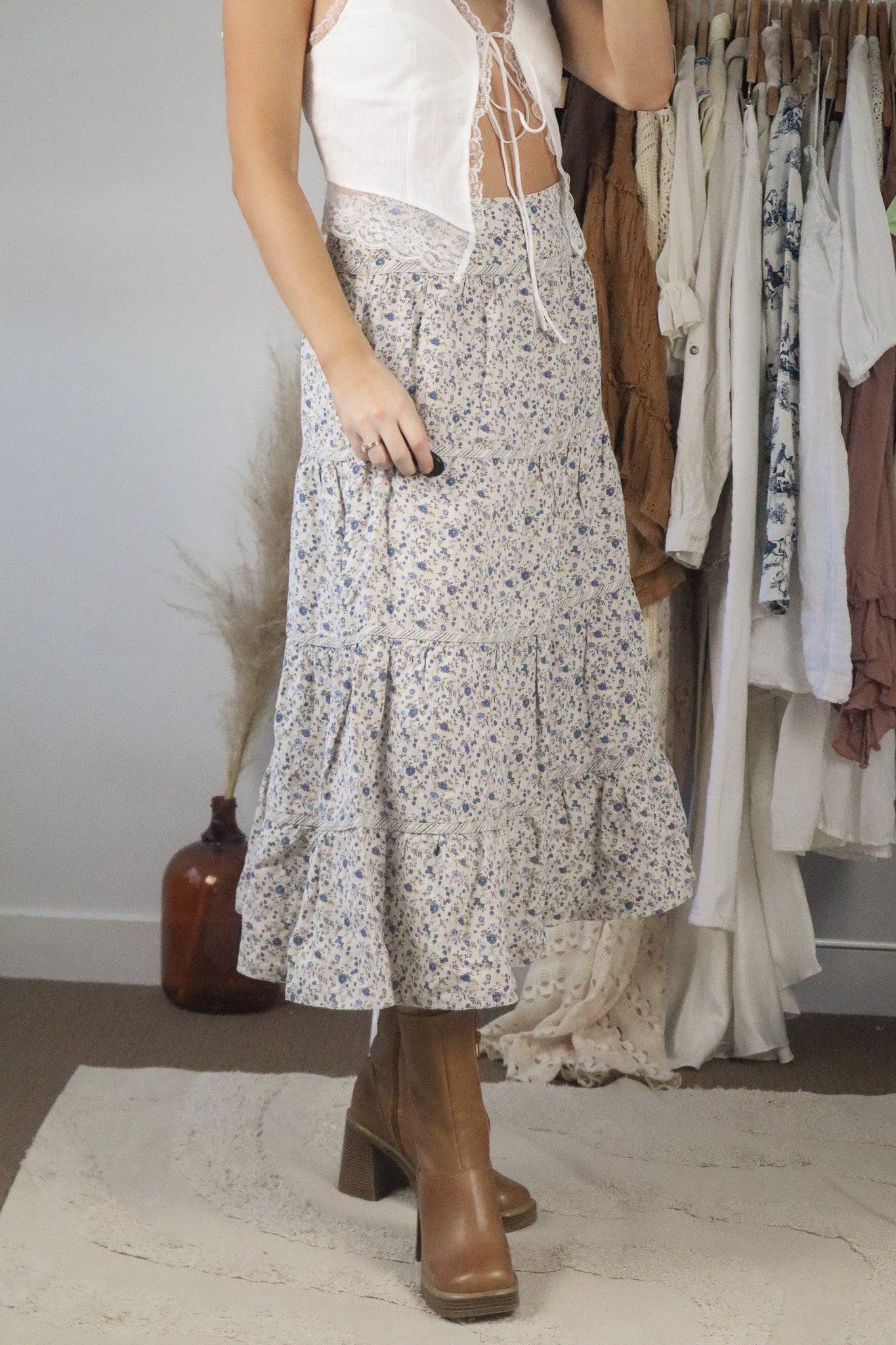 Vintage x Linen Floral Tiered Midi Skirt (4/6)