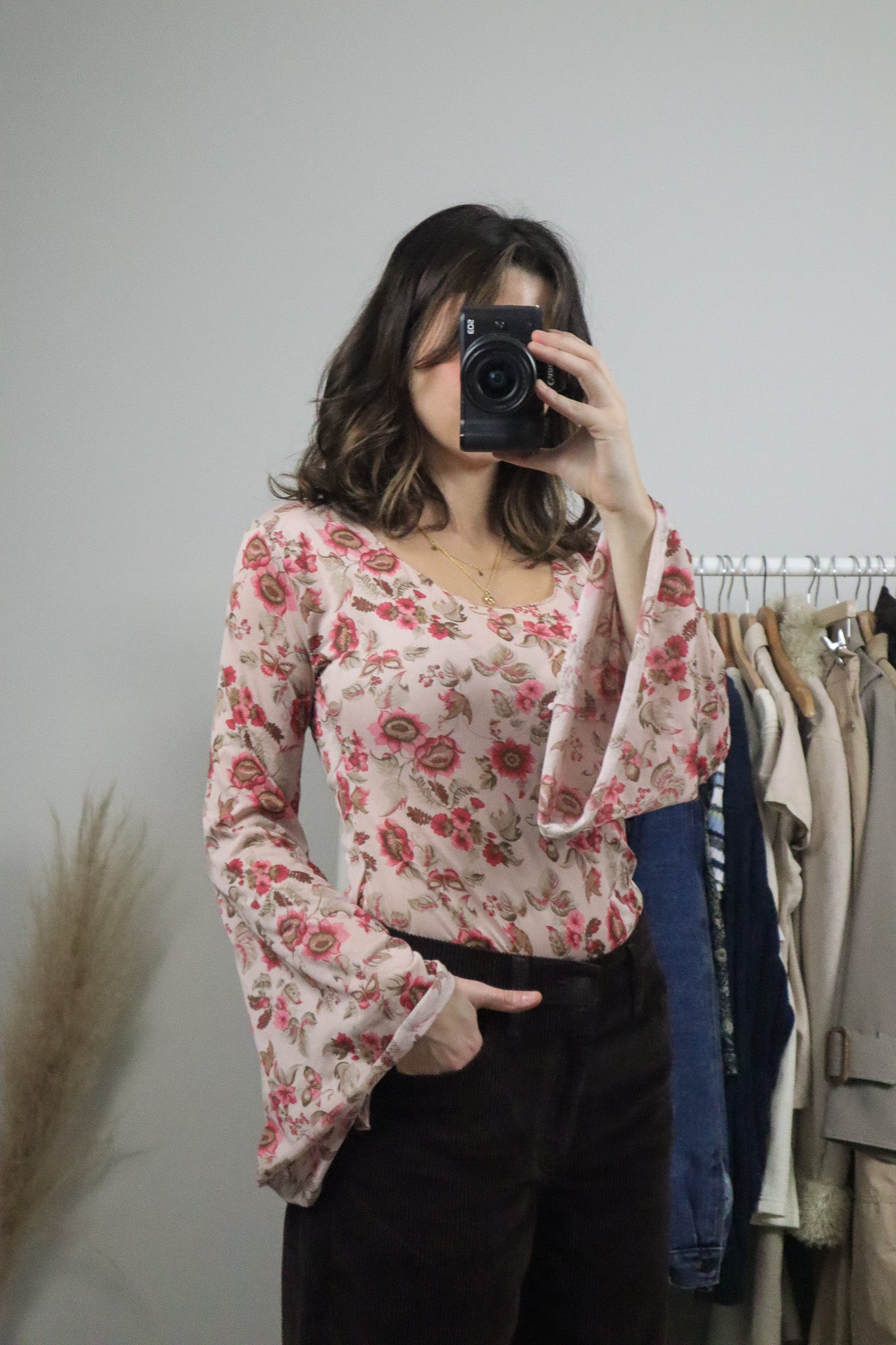 Vintage x Sheer Floral Bell-Sleeve Top (S/M)