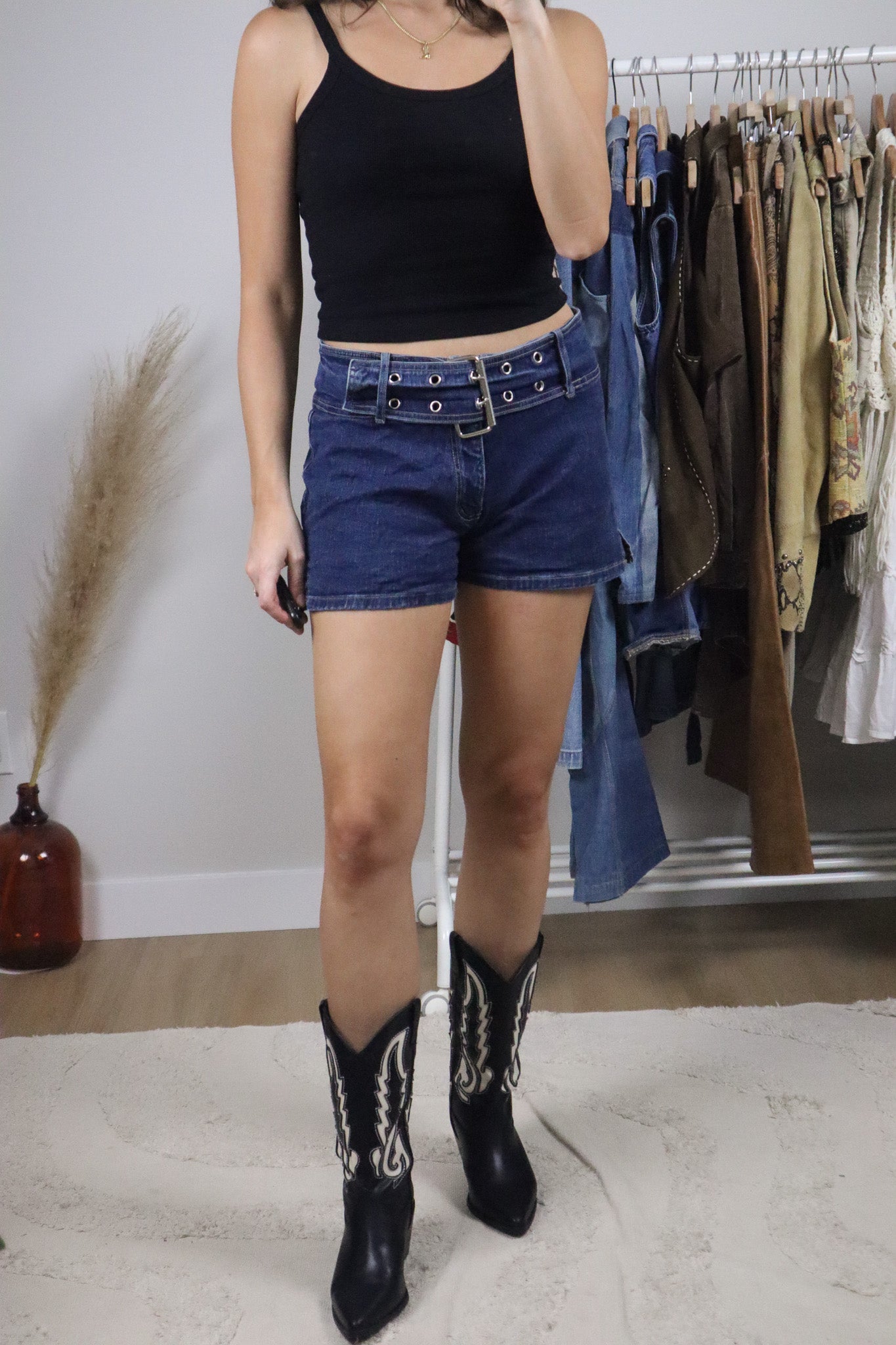 Vintage x Denim Belted Mini Shorts (6/8)